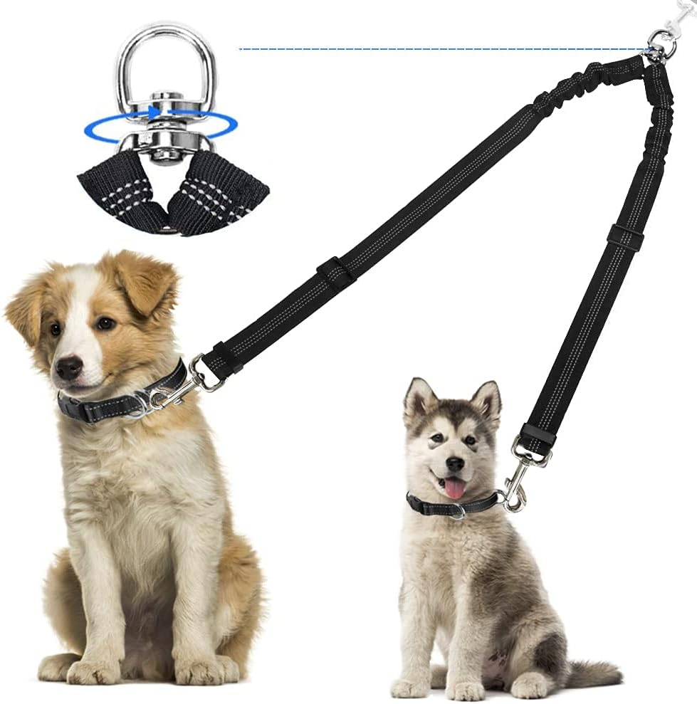 Double Dog Lead Coupler, No Tangle 360&deg;Swivel Rotation Two 2 Dog Lead Splitter, Heavy Duty Adjustable Bungee Reflective Dual Dog Leash for Walking Medium Large Dog (Black-Small)