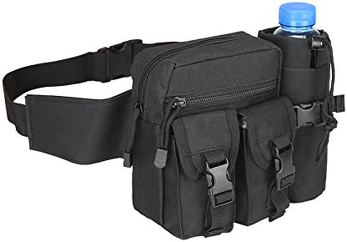 Tactical Waist Pack Pouch with Water Bottle Pocket Holder Water Resistance Running Belt Bag Adjustable Hip Belt for Hiking Running Climbing (Black, One Size（16 * 9 * 19Cm）)
