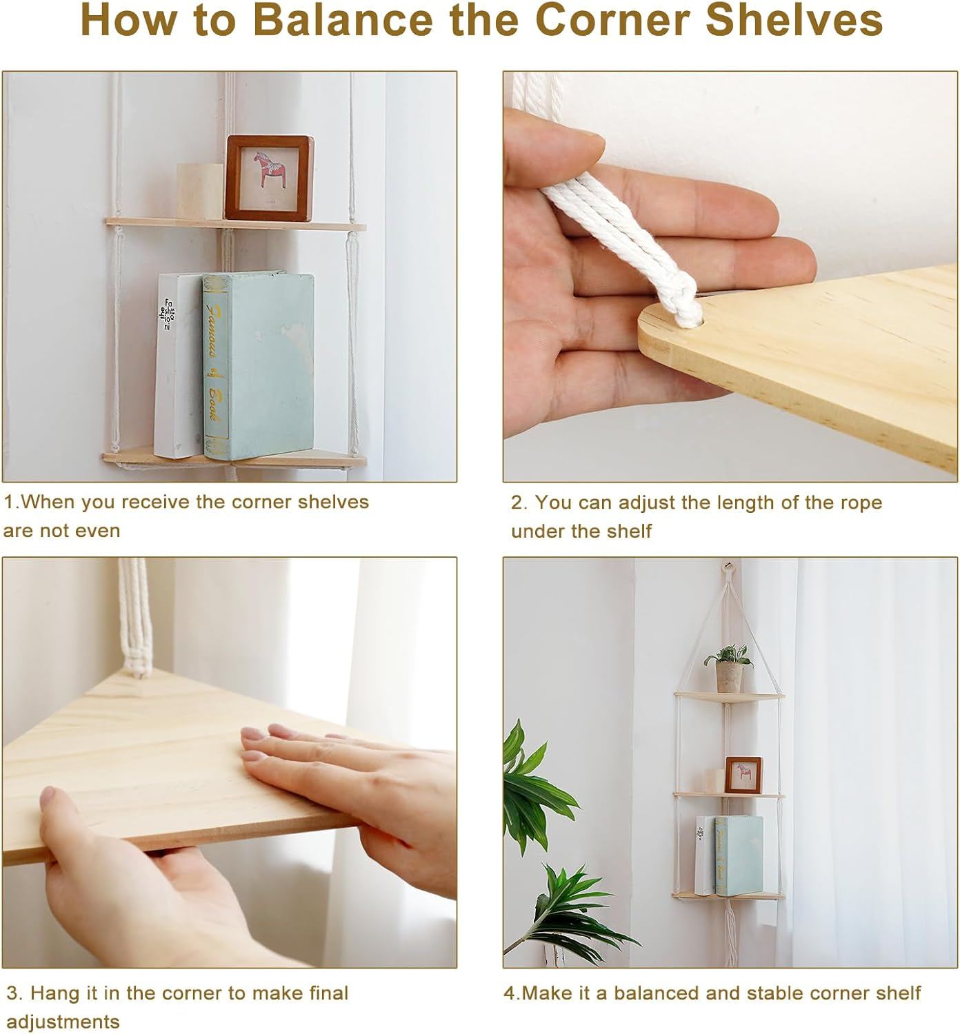 Artilady White Corner Floating Shelves Wall Hanging- Macrame 3 Tier Corner Shelf Plant Wall Decor Boho Rustic Wooden Storage Orgnizer for Bedroom Living Room Pots Photos - Black 3 Layers image number 2