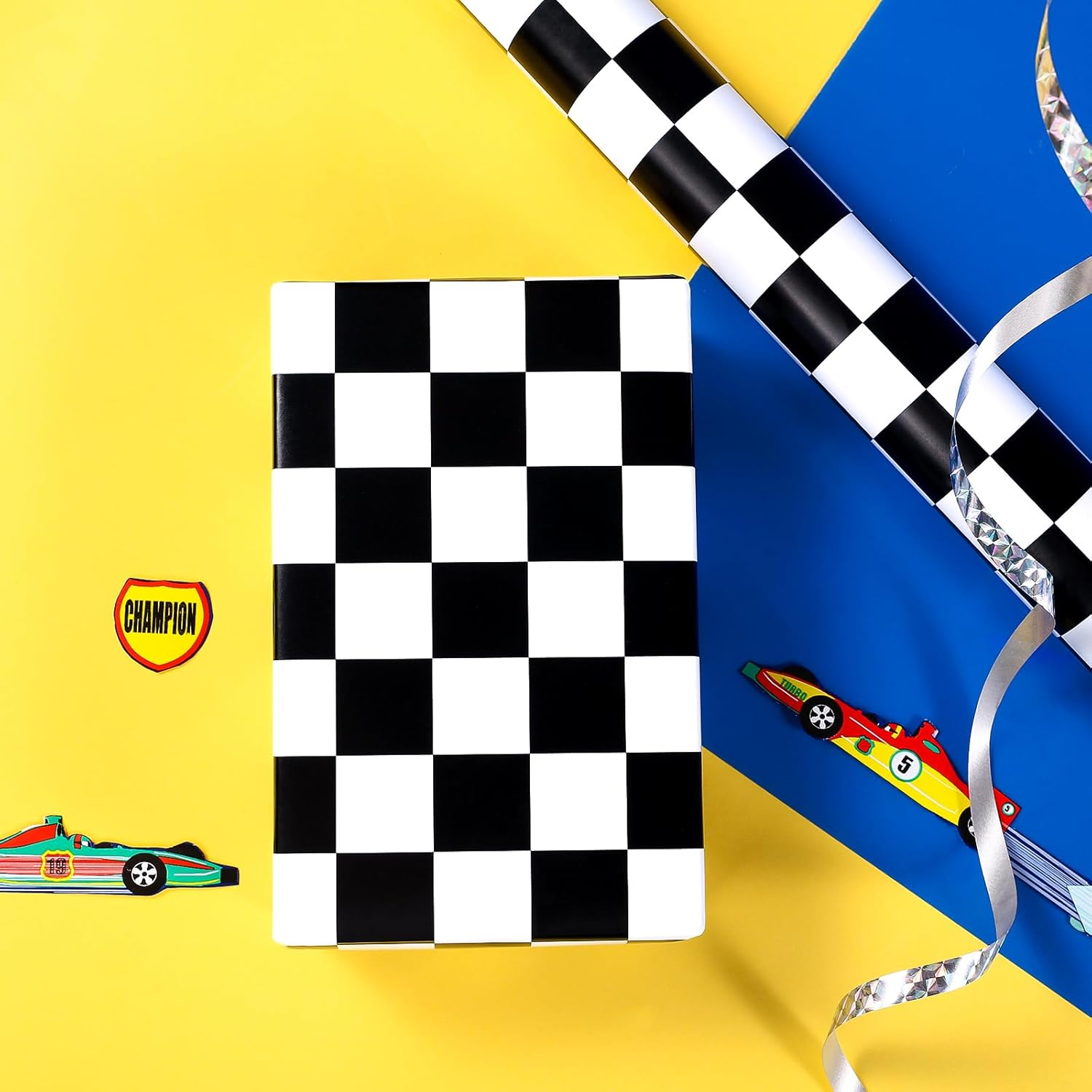 WRAPAHOLIC Checkered Flag Wrapping Paper Roll - 17 Inch X 16.5 Feet - Race Car Wrapping Paper for Kids Birthday, Girls Boys Birthday, Baby Shower image number 3