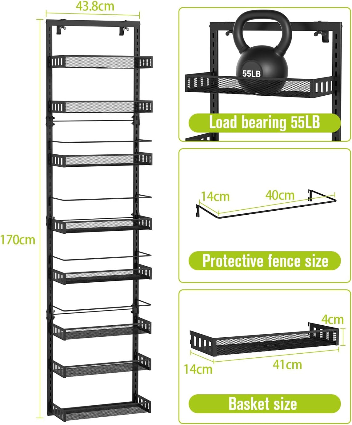 TOPWE over the Door Organizer, 8 Tiers Metal Hanging Door Storage, Adjustable Pantry Storage Organizer with Hook for Each Layer, Wall Mounted Pantry Organizers and Kitchen Door Spice Rack, Black - Black image number 6