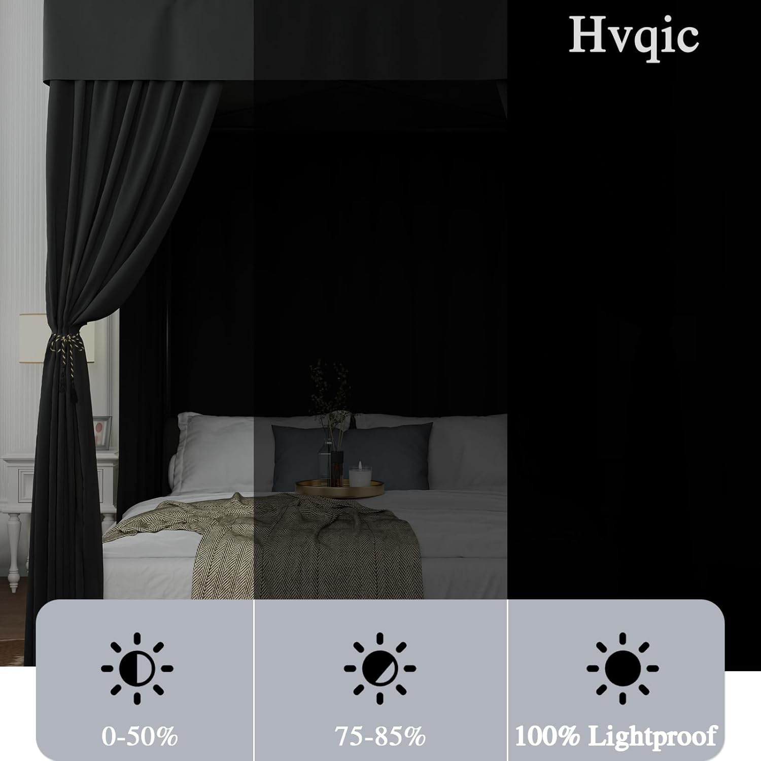 Hvqic Black Canopy Bed Curtains - 4 Corner Post Lightproof Drapes for King Bed - Adults & Girls Bedroom Decoration (King, Black) image number 1