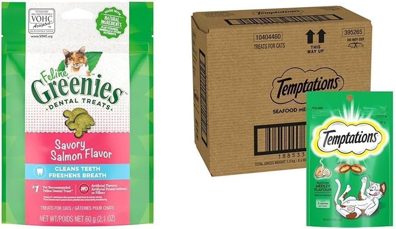 Greenies Feline Dental Cat Treat Salmon Flavour 60G Bag, One Size and Temptations Cat Treat, Seafood Medley 85G Bag X 6 Pack - Bundle Pack image number 4