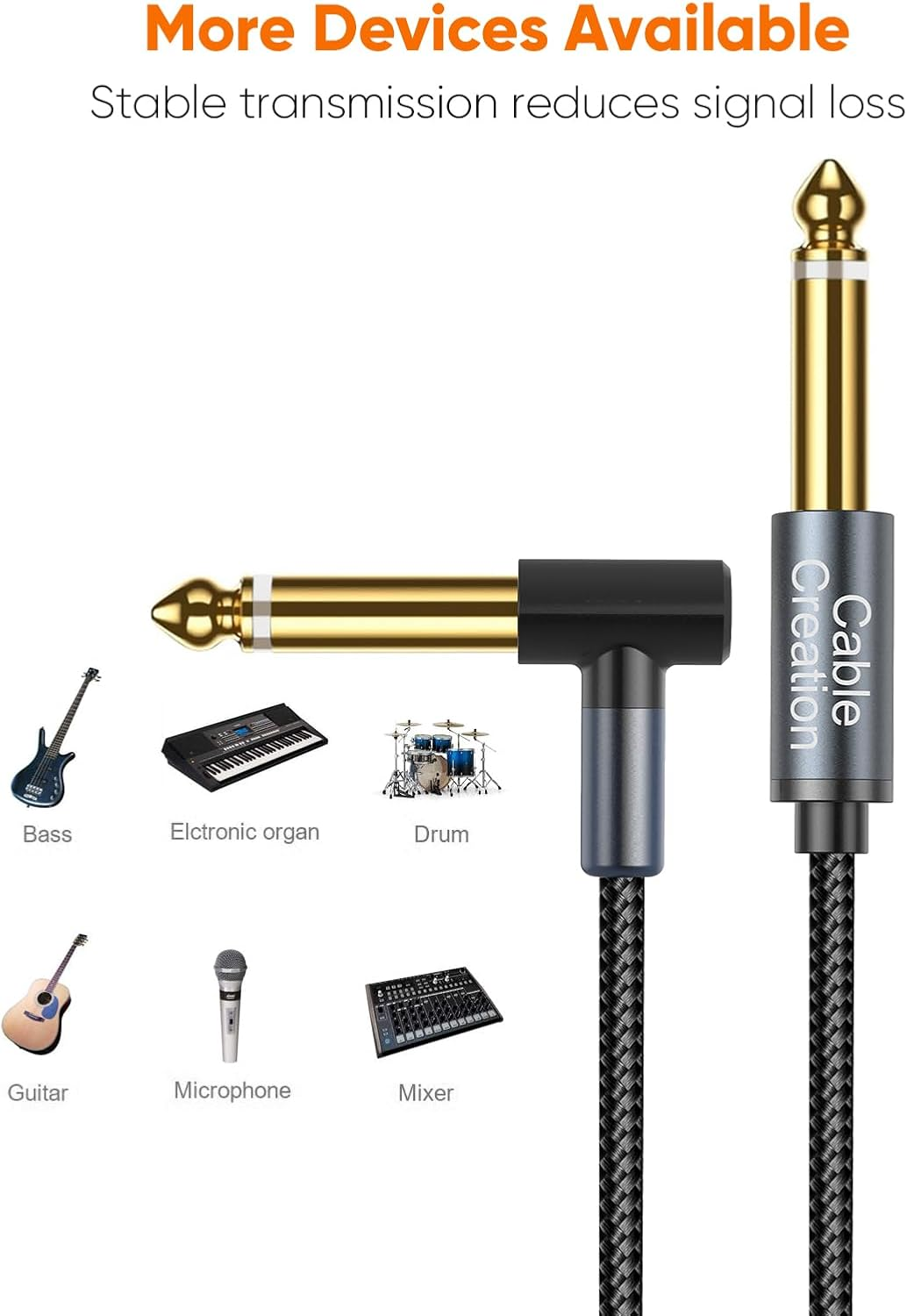 Cablecreation Instrument Guitar Cable (10Ft/3M),6.35Mm Mono Jack 1/4" TS Male to Male Right Angle Audio Cable Nylon Braid for Electricguitar, Bass,Keyboard,Mixer,Amplifier,Amp,Speaker,Equalizer,Grey image number 5