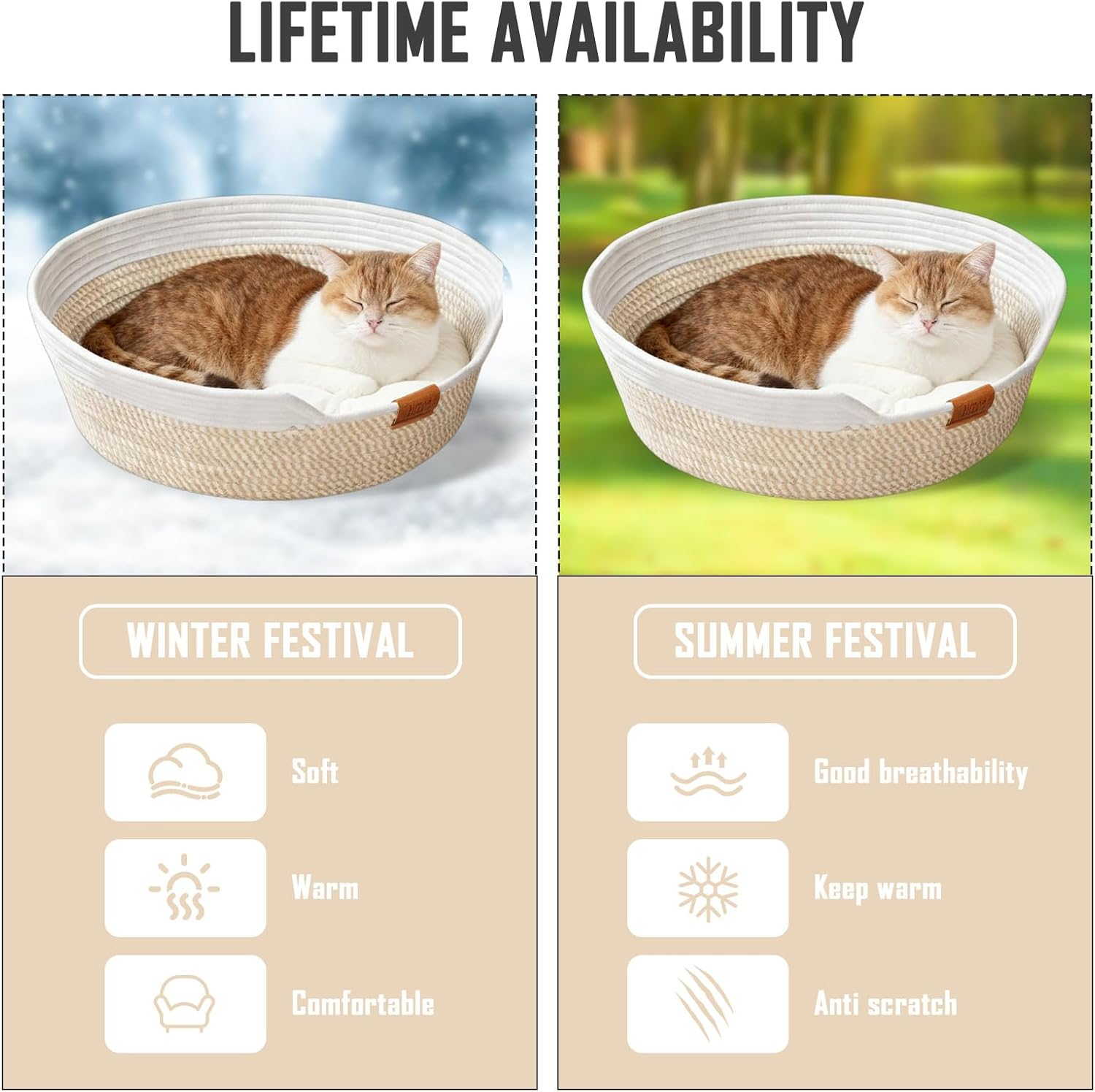 Yushengtai round Cat Bed, 50 Cm, Hand-Woven Basket Made of Cotton Ropes with Soft Cushion, Breathable and Washable for All Seasons, Ideal for Cats and Small Dogs, Beige image number 1