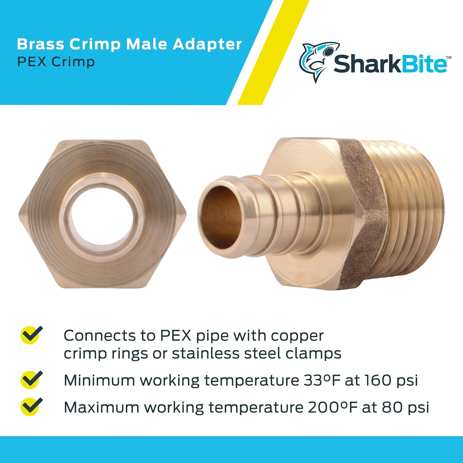 Sharkbite 1/2 Inch Crimp MNPT Male Adapter, Pack of 10, Brass Plumbing Fitting, PEX Pipe, Copper, UC120LFA10 image number 3