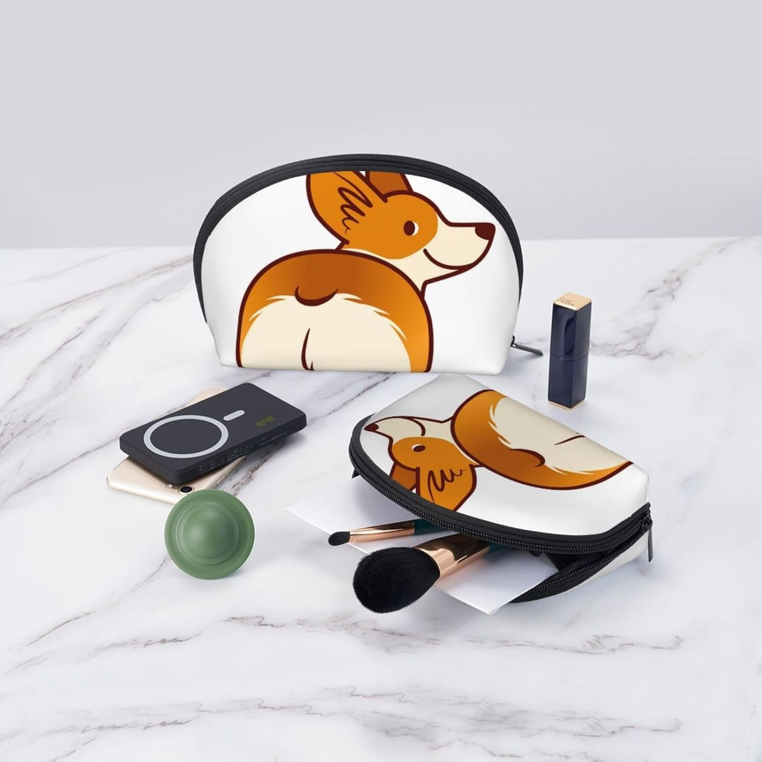 Cozimangoe Coin Pouch Makeup Bags Set, 2 Piece Shell Shape Cosmetic Bag with Pockets for Daily Travel Handbag Lipstick Keys Toiletry, Personalized Corgi Dog Funny Butt image number 3