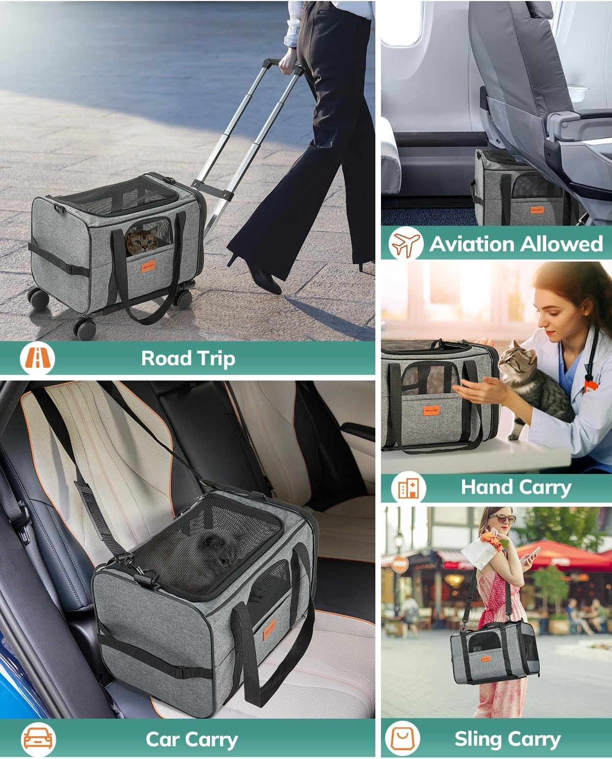 Morpilot Cat Carrier with Wheels Airline Approved, Pet Dog Carrier with Wheels for Small Dogs, Rolling Cat Carrier for Large Cats Puppy Stroller Detachable and Foldable Pet Travel Bag Dark Gray image number 1