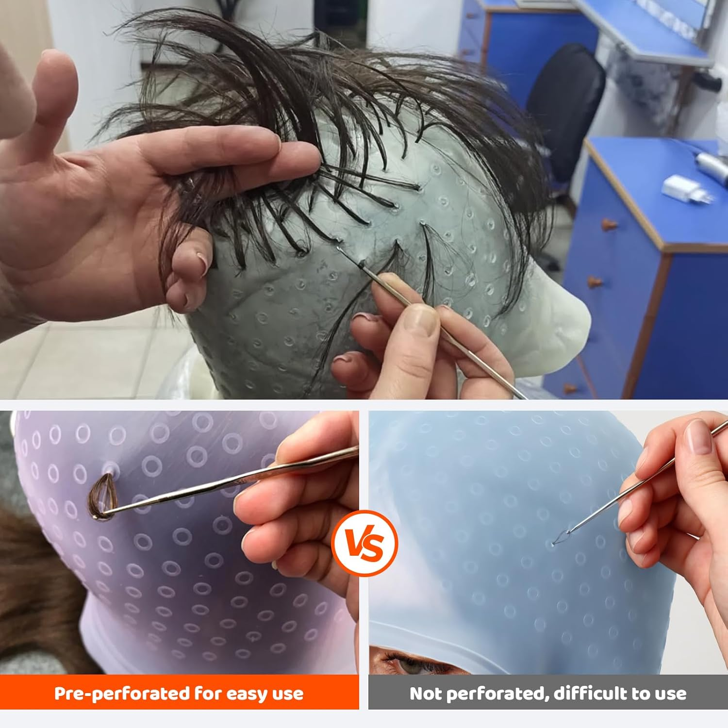 Highlight Cap, 6-Piece Set with Highlight Cap, Steel Needles and Dye Combs, Ideal for DIY Highlights Making Yourself and Precise Hair Dyeing, Made of High-Quality Silicone