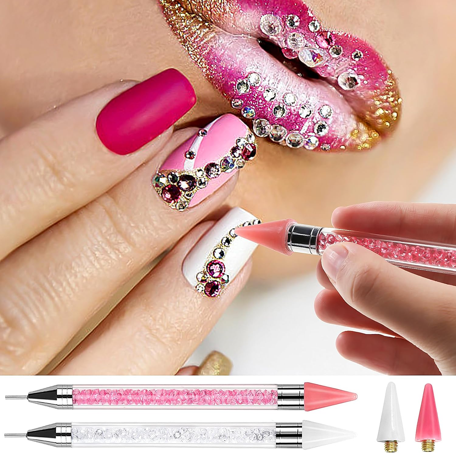 Erinde 2PCS Dual-End Rhinestone Picker Tool, Acrylic Handle Wax Pencil for Rhinestones, Dual-Ended Diamond Painting Dotting Pen DIY Nail Art Tool with 2 Extra Wax Tips, White & Pink