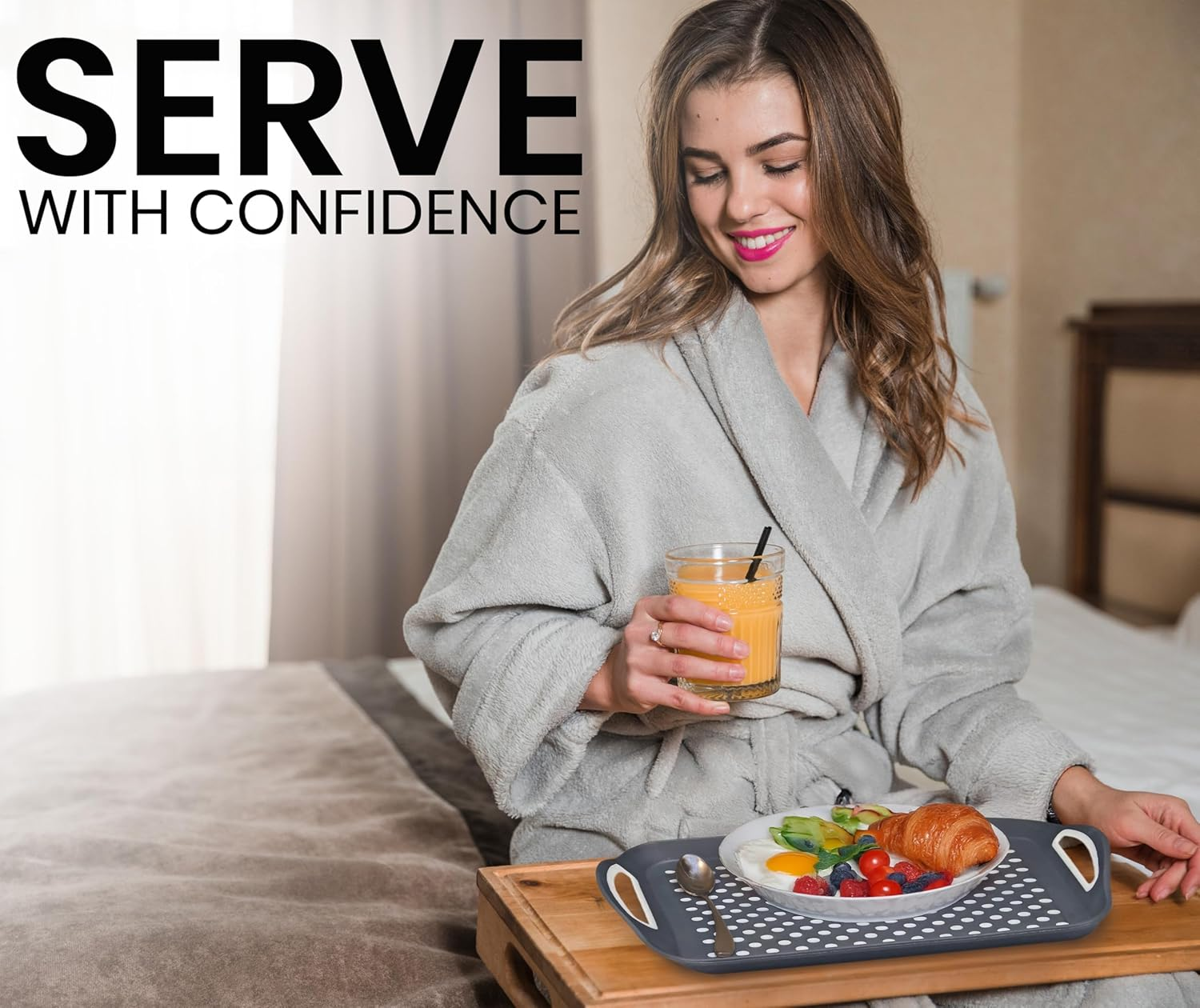 Non-Slip Serving Tray Set, Rectangular Food Trays with Handles, Pack of 2 image number 4