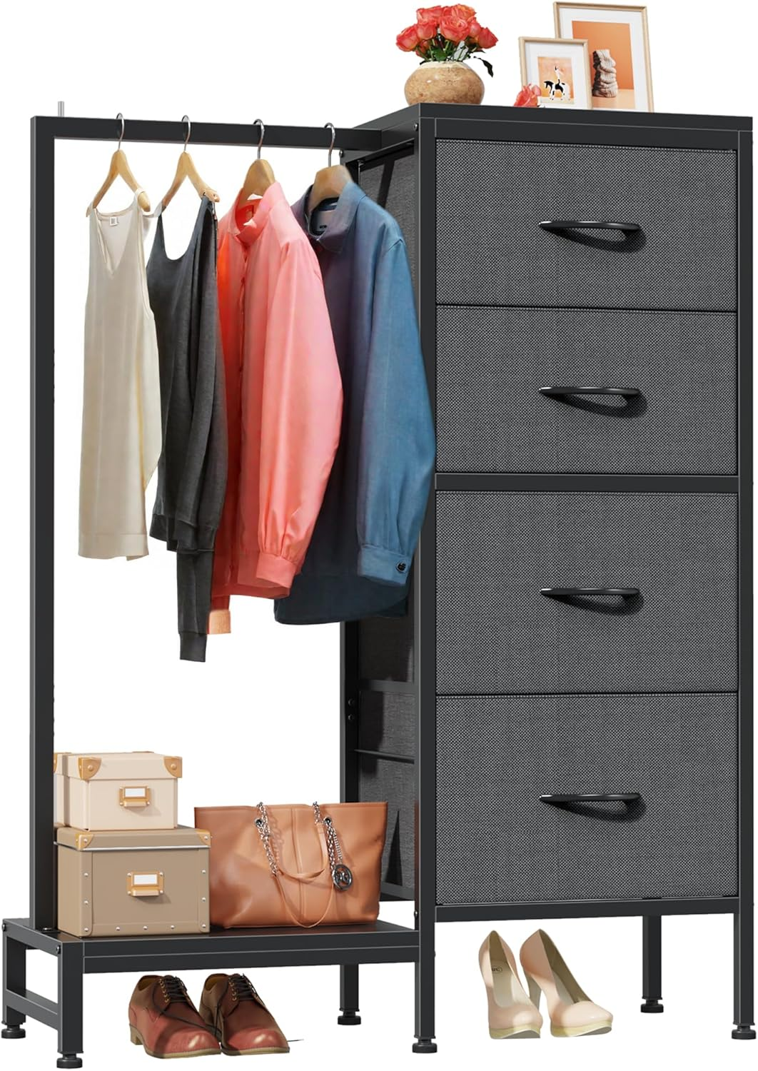 HIGDBFE Dresser with Hanging Rack, 4 Drawers Small Closet for Bedroom, Reversible Fabric Kids Dresser for Closet with Clothes Rack, Tall Chest of Drawers, Sturdy Frame, Grey, 44" H