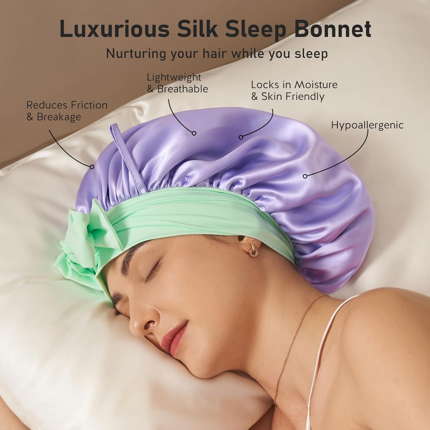 Litbear 100% Mulberry Silk Bonnet for Sleeping Women, 6A 22 Momme, Large Double-Layer Silk Hair Wrap with Tie Band, Non-Slip Turban - Purple image number 3