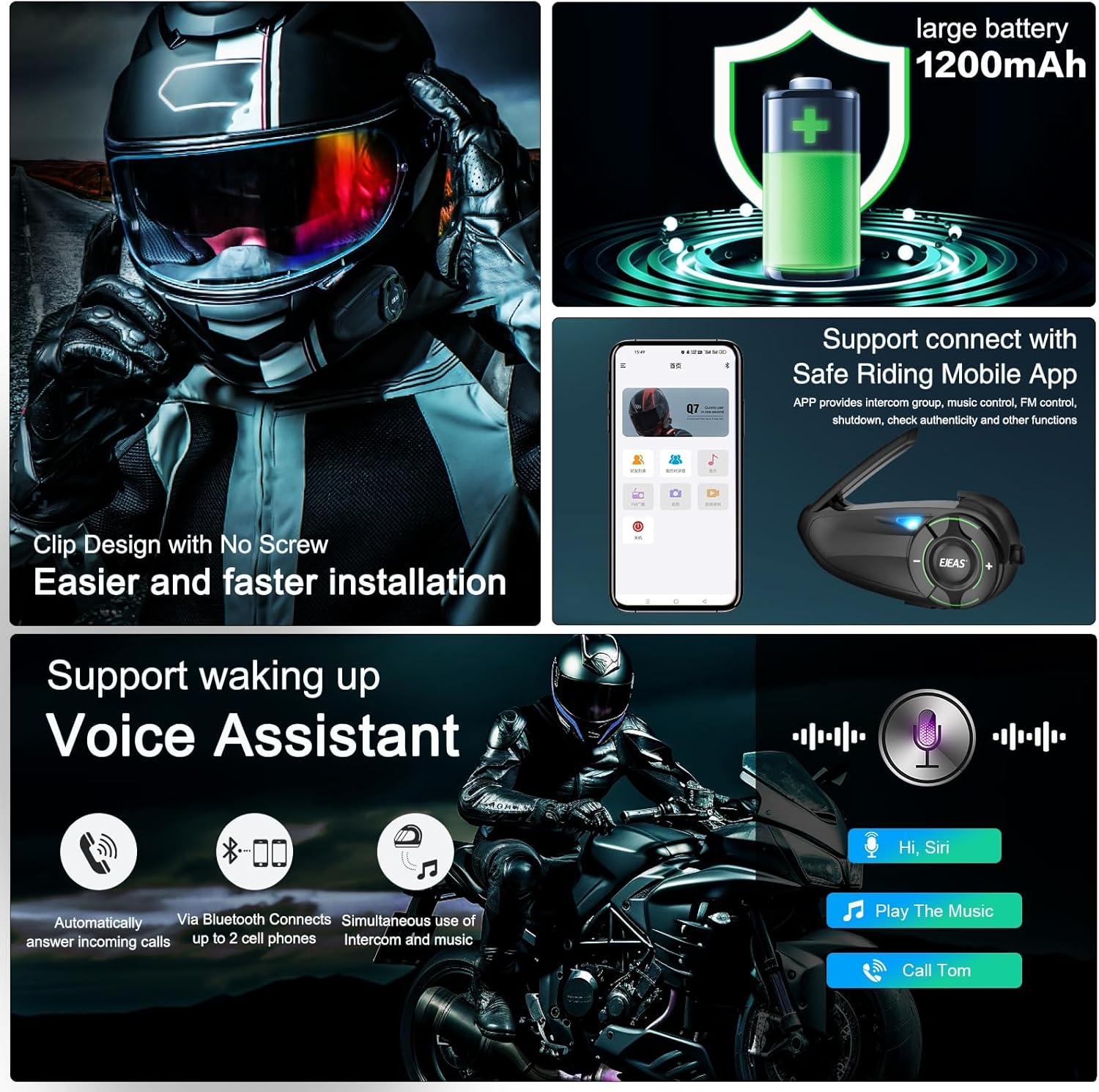 EJEAS Q8 1PC Motorcycle Bluetooth Headset, Upgraded Mesh 3.0 Intercom System with Music Sharing and IP67 Waterproof for 6 Riders Group Talking image number 4