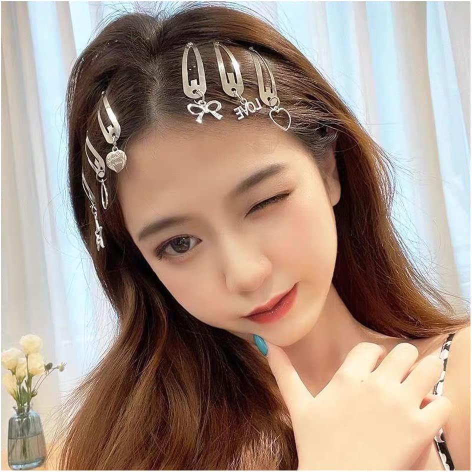 Metal Snap Hair Clips Barrettes for Women Thick Thin Hair Snap Clips Circle Heart Star Silver Hair Barrettes for Women Girls Punk Hair Clip Bow Hairpin 6Pcs image number 4
