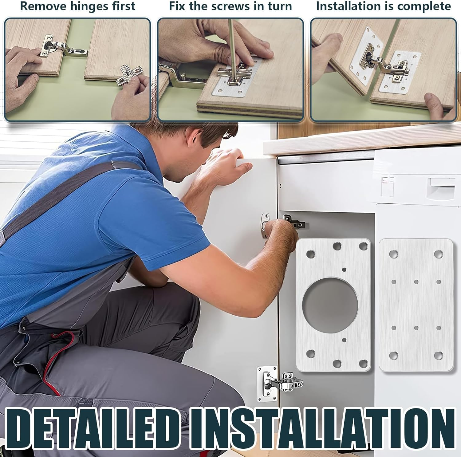 Cabinet Hinge Repair Plate, 8 Pcs Stainless Steel Hinge Repair Brackets, Hinge Fixing Plate for Kitchen Cabinets, Wardrobes, TV Cabinets, (Silver/8 Pcs) image number 6