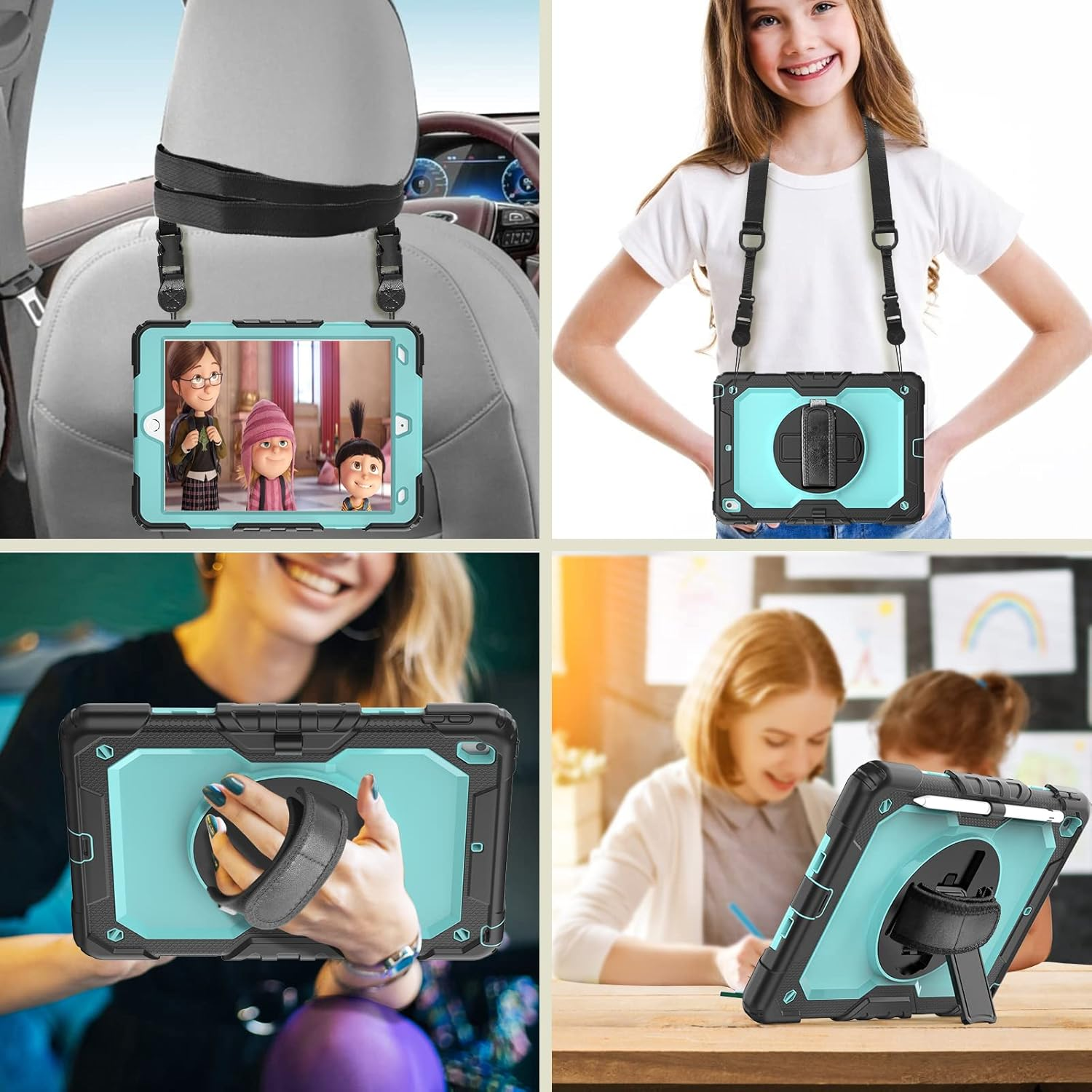 Herize Ipad 10.2 Case,Ipad 9Th/8Th/7Th Generation Cases 2021 2020 with Screen Protector, Heavy Duty Hard Durable Shockproof Protective Case Cover with Stand,Hand Strap,Shoulder Strap for Kids,Skyblue image number 1