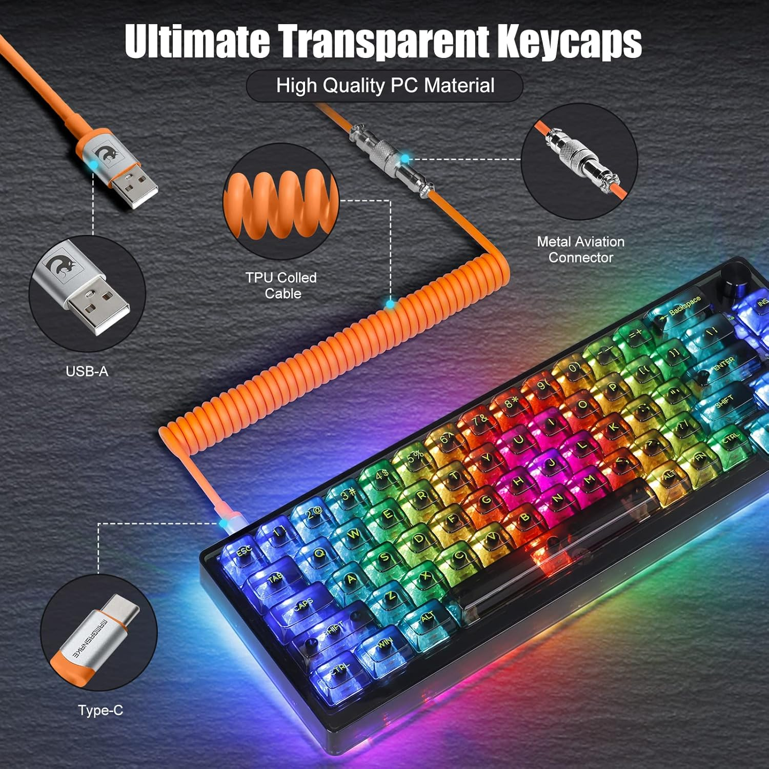 MAGIC-REFINER MK31 60% Wired Hot Swappable Mechanical Keyboard with Transparent Keycaps, Compact 66 Keys Chroma RGB Backlit Ergonomic Custom Gaming Keyboard Knob Control for PC/MAC