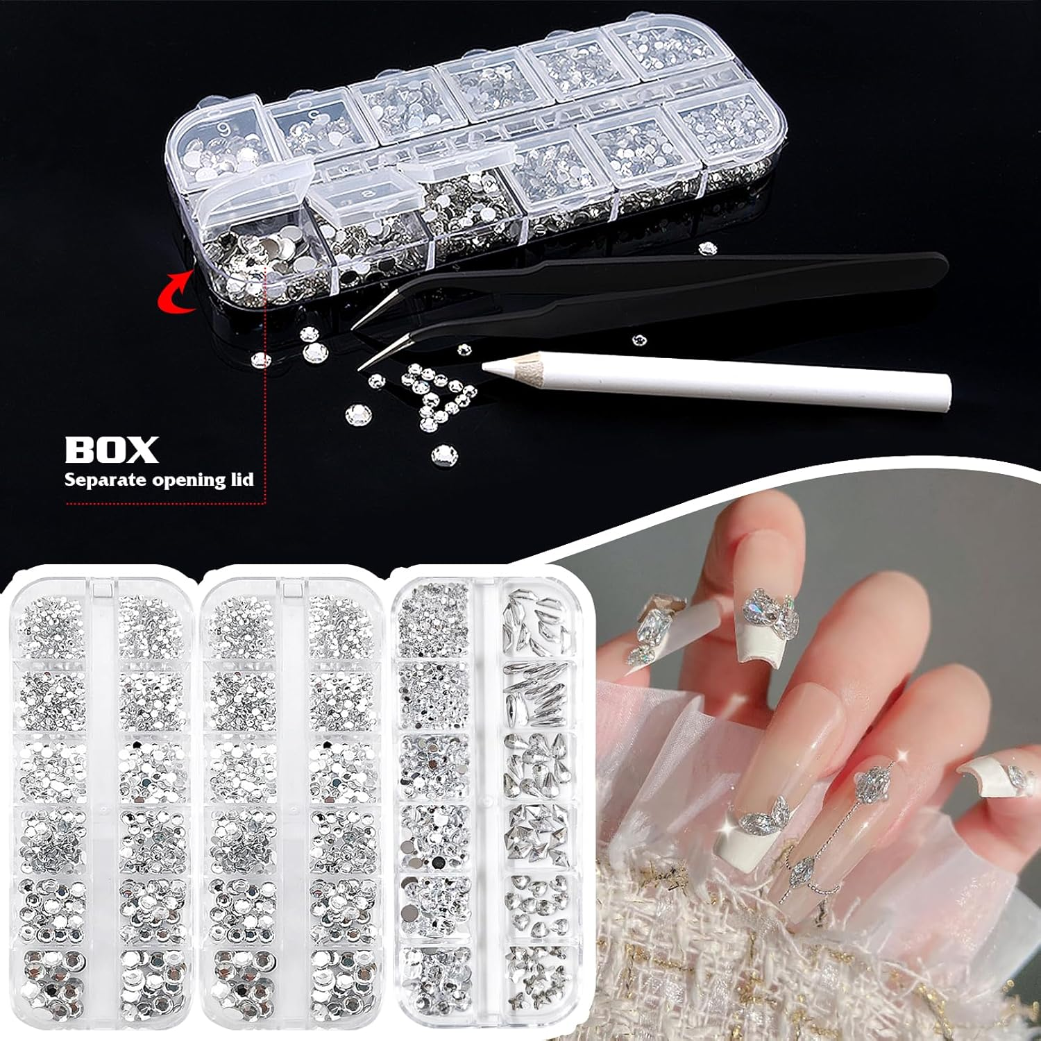 Sliver Nail Rhinestones Gems - Multi Size Flatback round Beads,Sliver Crystal Diamonds for Nail Art, Eyes Makeup, DIY Crafts, Jewelry Decoration