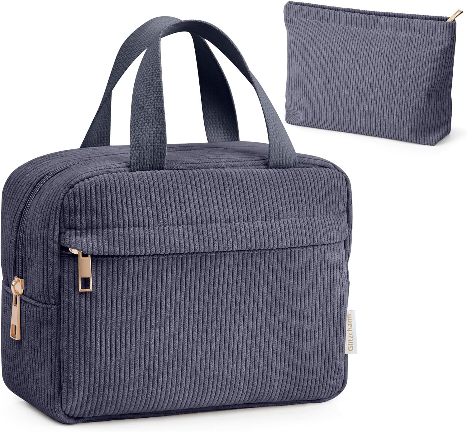 Cosmetic Bag Corduroy Makeup Bag, 2 Pcs Make up Bags Women Large Travel Cosmetic Bag Portable Makeup Bag with Handle for Girls Women(Gray) image number 3