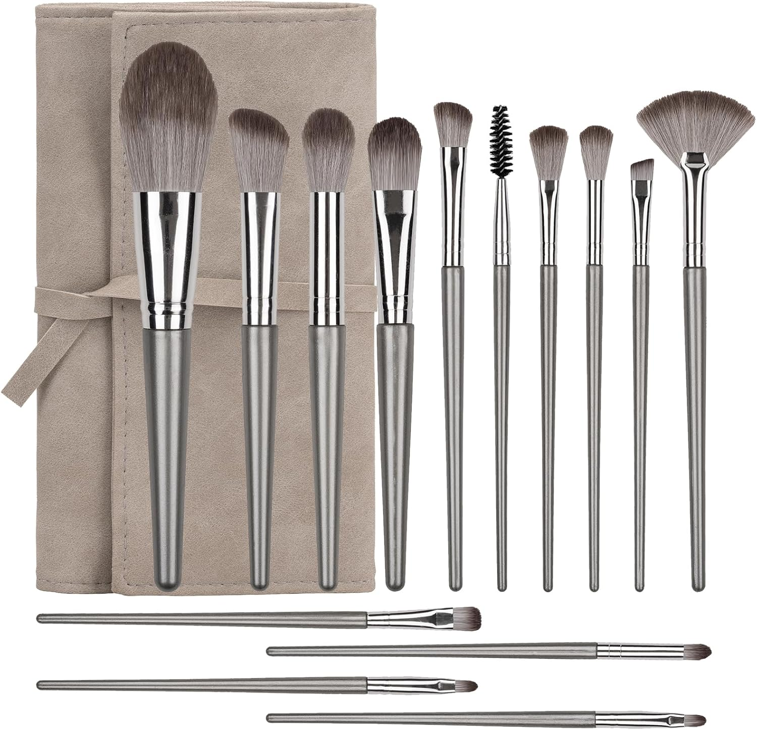 Makeup Brushes, 14 Pcs Professional Makeup Brush Set, Eye and Face Foundation Brush Set, Eyeshadow Brushes, Cosmetic Brushes, with PU Bag, Grayish image number 6