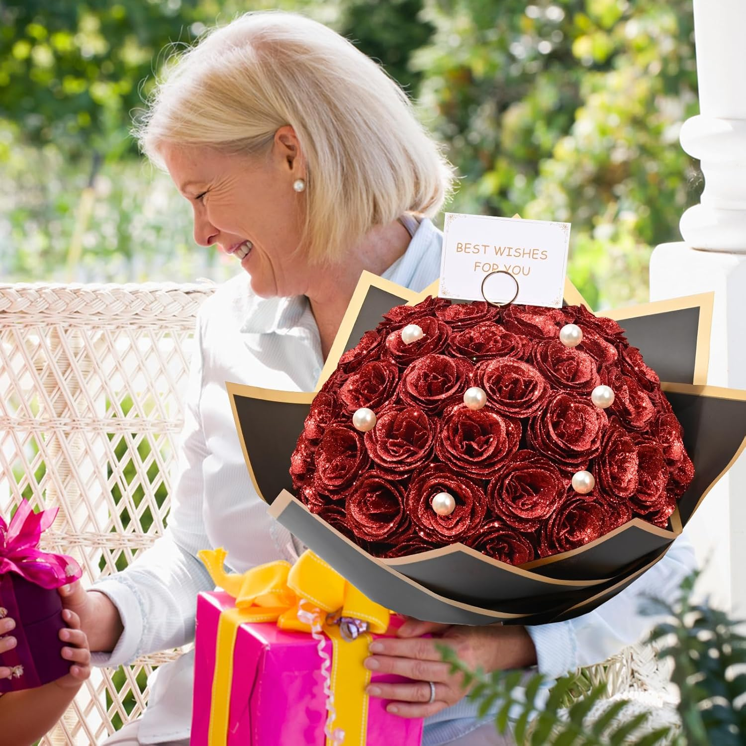 Waipfaru Red Glitter Roses Bouquet, DIY Fake Flowers Bouquet, Everlasting Shiny Artificial Rose Bouquet for Valentine'S Day, Anniversary, Engagement, Wedding, 24 Roses image number 3