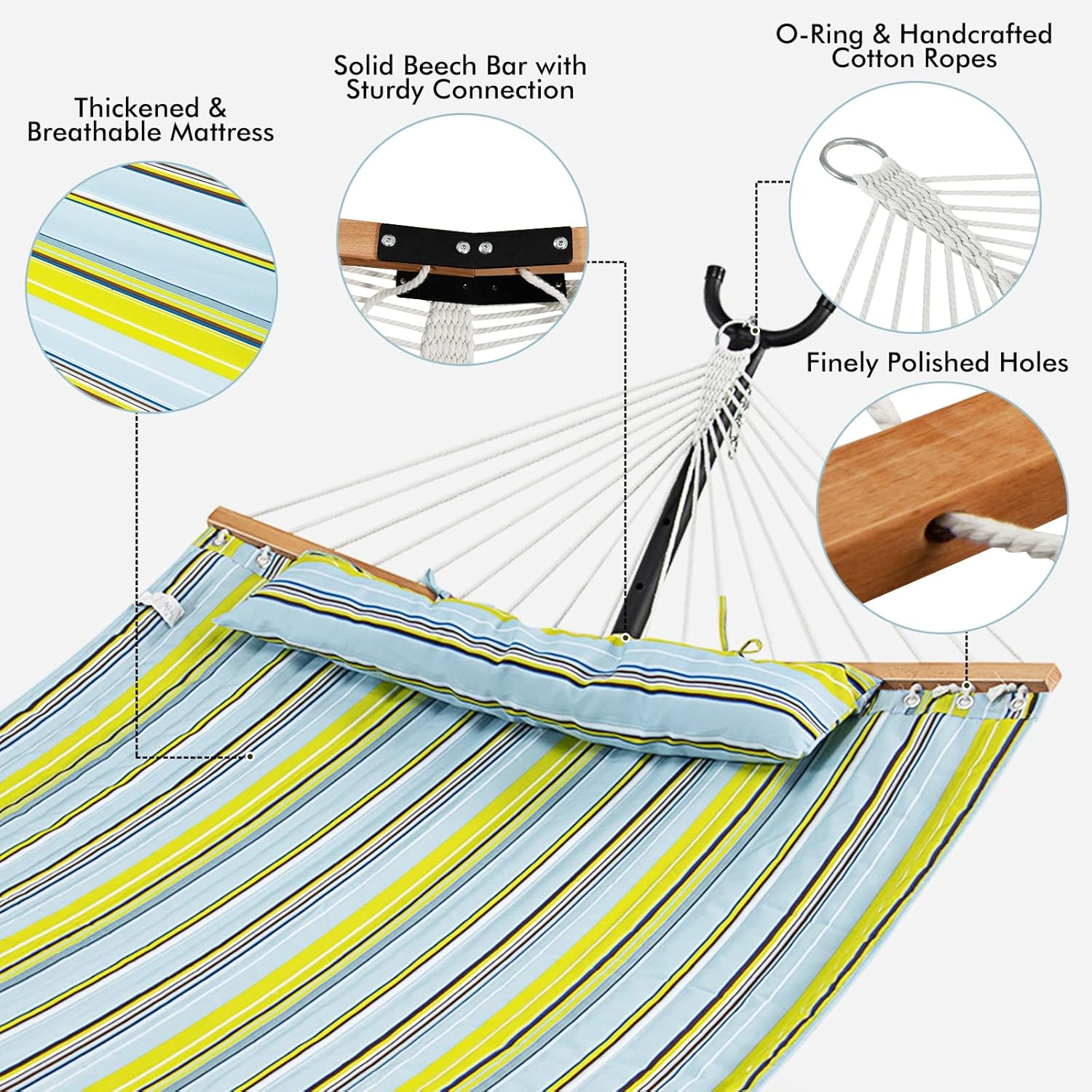 Costway Portable Hammock W/Spreader Bars & Detachable Pillow, Quick Dry & Water Proof Material, Hand Woven Cotton Rope, Outdoor Indoor Hammock for Patio, Poolside, Garden, Backyard image number 4