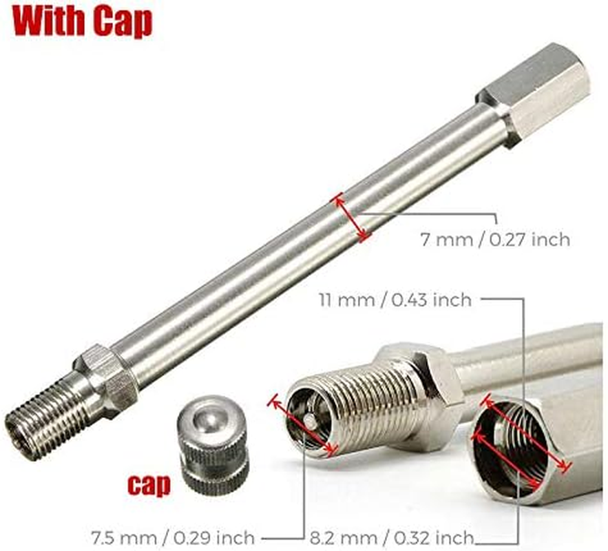 Tire Valve Extension Adaptor POWERTOOL Air Tyre Stem Extender Inflation Straight Bore for Motorcycle, Bike, Mower and Scooter (100Mm with Cap, Sliver)