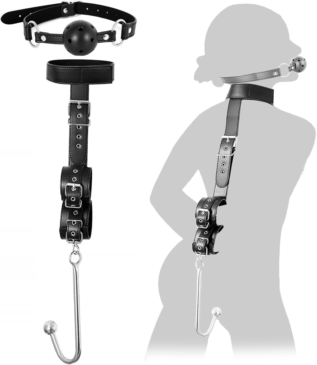 Sex Bondage Collar with Anal Hook & Ball Gag, BDSM Slave Leather Neck to Wrist Bondage Restraints Kit, Kinky Submissive Back Handcuffs Harness Strap, Anal Ball Fetish Couples Sex Game Tool image number 3