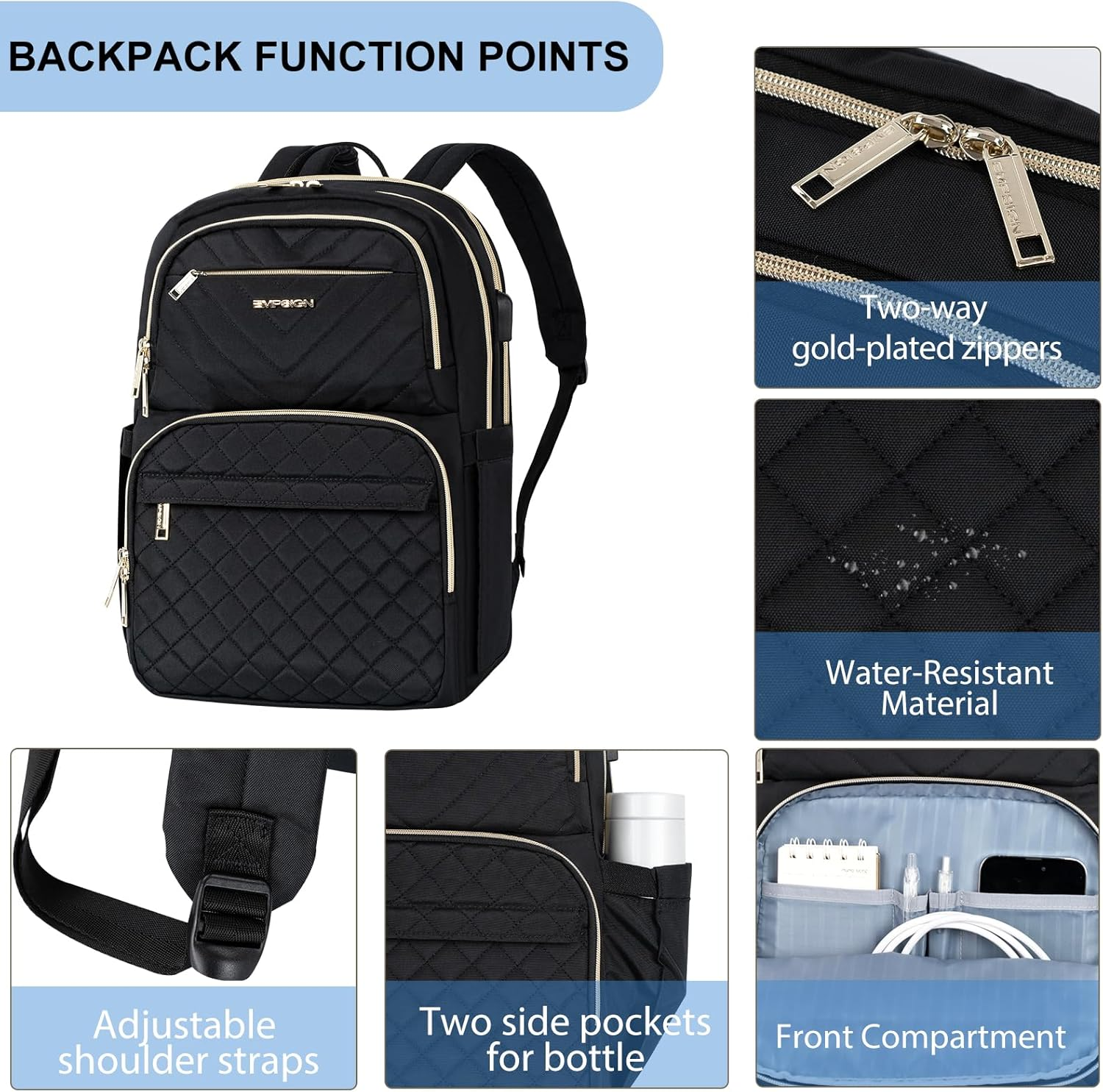 EMPSIGN Laptop Backpack Purse for Women and Men with USB Charging Port, 15.6 Inch Travel Water Resistant Quilted Backpack, High-Capacity 30L Work Business Computer Backpack image number 2