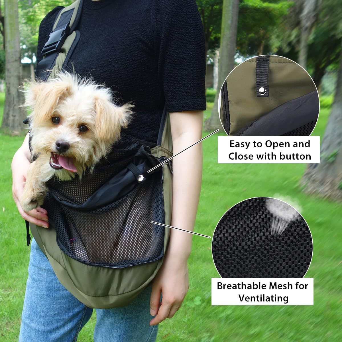 NATUYA Dog Sling Puppy Carrier for Small Dogs with Openable Front Breathable Mesh, Hands Free Pet Sling Travel Bag Adjustable Padded Strap Pockets Large Space for Pet Outdoor Hiking (Green, 3-8Lb) image number 2