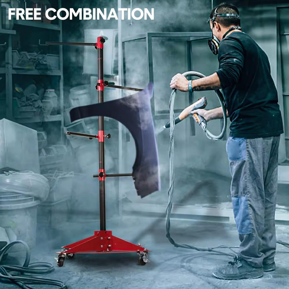 ALSTON Universal Auto Paint Stand Panel Tree Paint Rotating Stand Center Post Hang Paint Spray with 4 Wheels and 6 Hooks for Automotive Doors Fenders Bumpers
