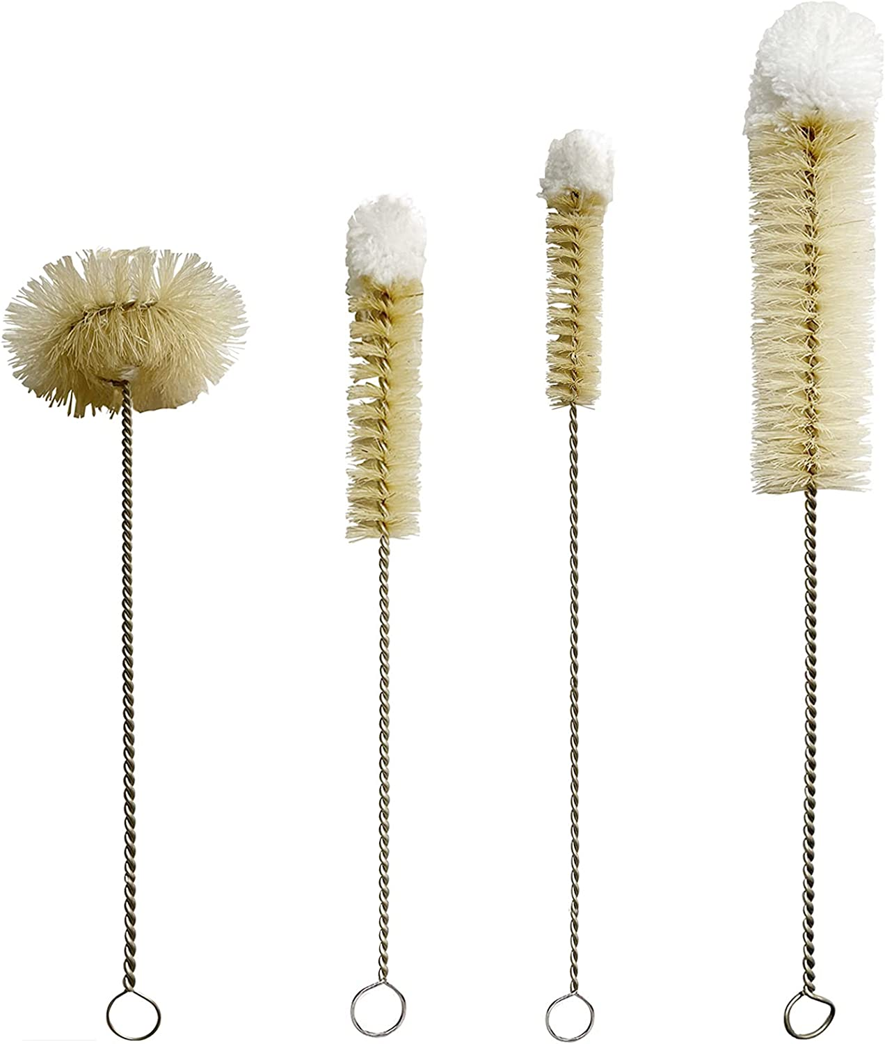 Coralpearl Bottle Brushes Thin Long Handle X 4, Skinny Wire Cleaner Set in Stainless Steel with Natural Boar Bristle at Wool Tip, Bendable Flexible for Cleaning Narrow Neck Bottles, Pipe, Tube, Hose image number 1