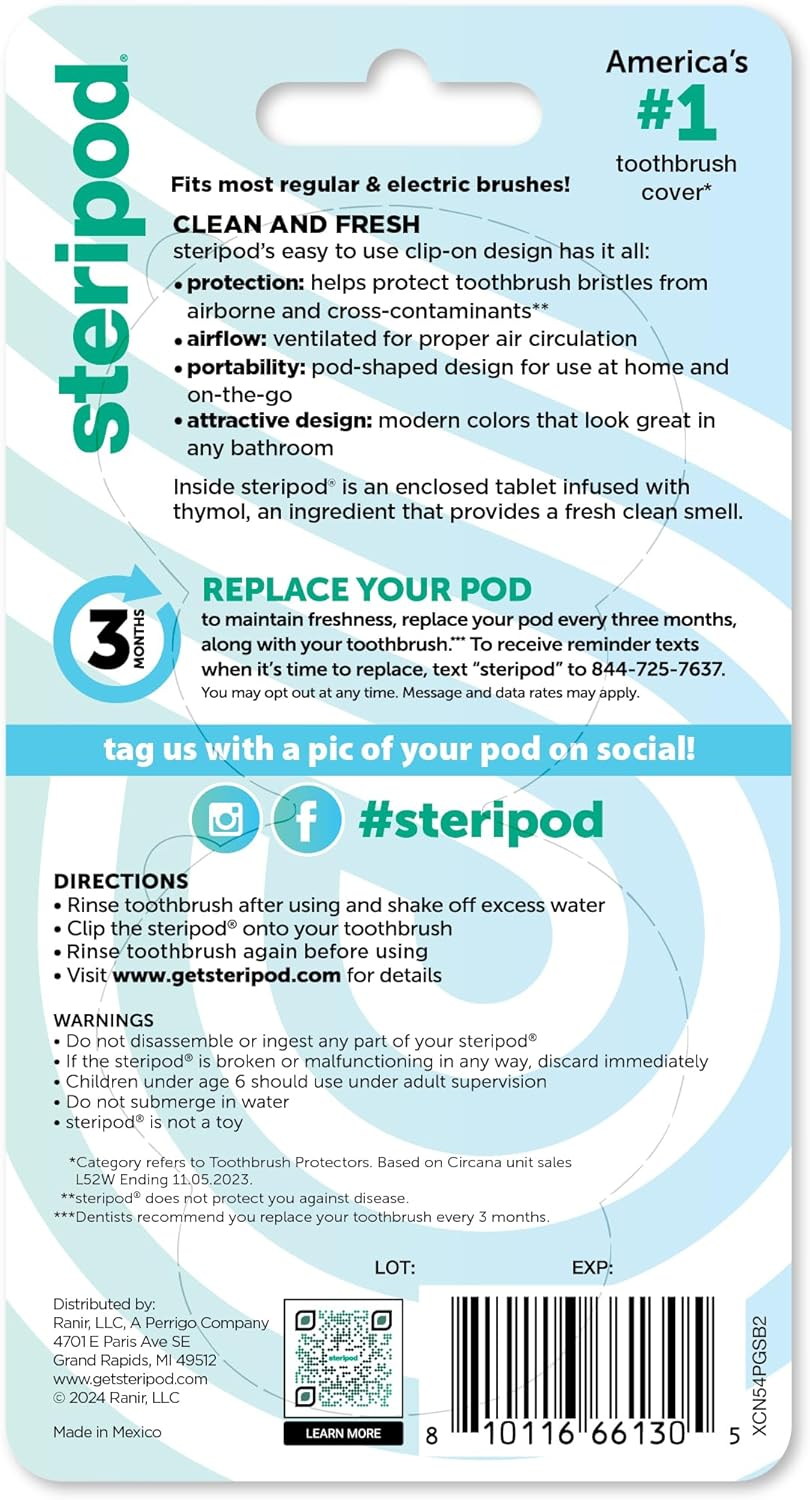 Steripod Clip-On Toothbrush Protector, Keeps Toothbrush Fresh and Clean, Fits Most Manual and Electric Toothbrushes, Pink and Blue, 2 Count (Pack of 1)