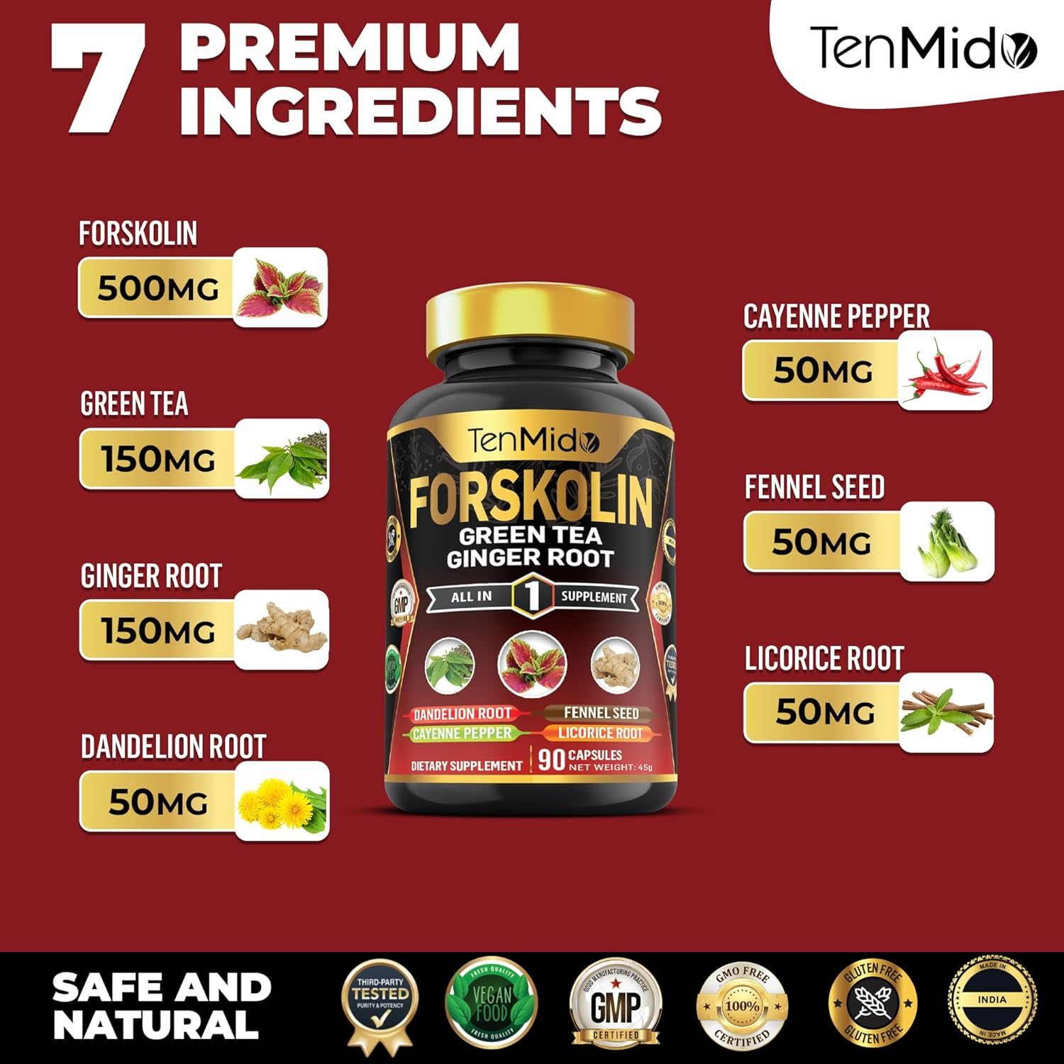 Forskolin Supplement with Green Tea, Ginger Root, Dandelion Root, Cayenne Pepper, Fennel Seed, and Licorice Root - 90 Vegan & Non-Gmo Capsules