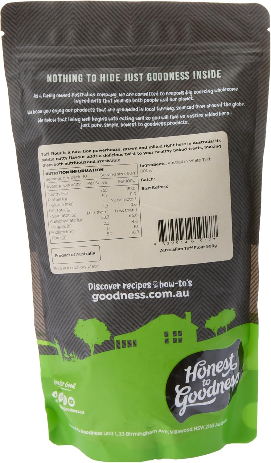 Honest to Goodness, Australian Teff Flour, 500Grams - a Nutritious and Sustainable Gluten-Free Flour. Made from Ivory Teff Grain. Australian Grown 100%.