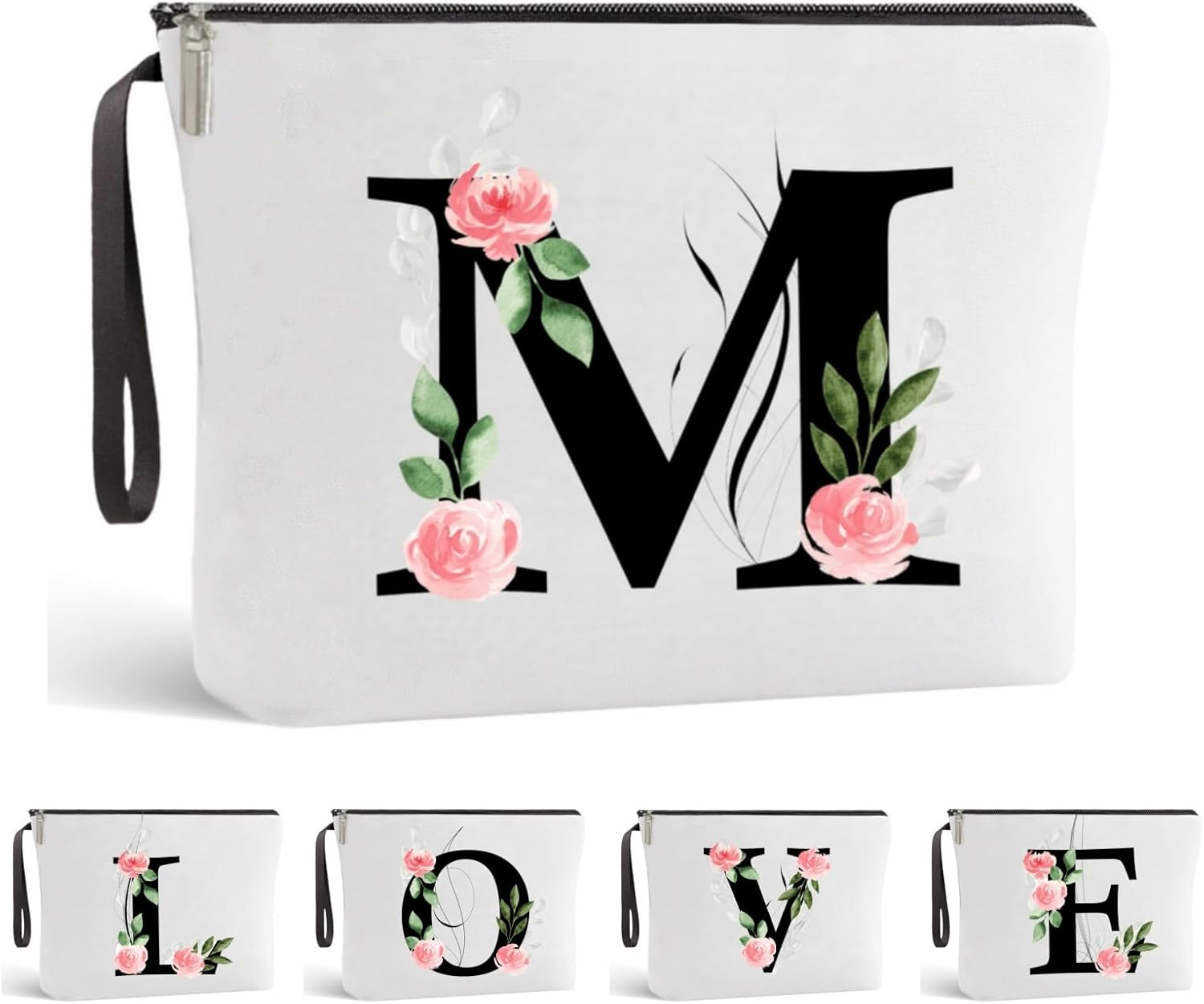 Blisswave Personalised Make up Bag, Sweet and Beautiful Pink Flowers, A-Z Initial Make up Bag, Elegant Silk Lining, Sturdy Metal Zipper, Personalized Gift for Girls and Women, M