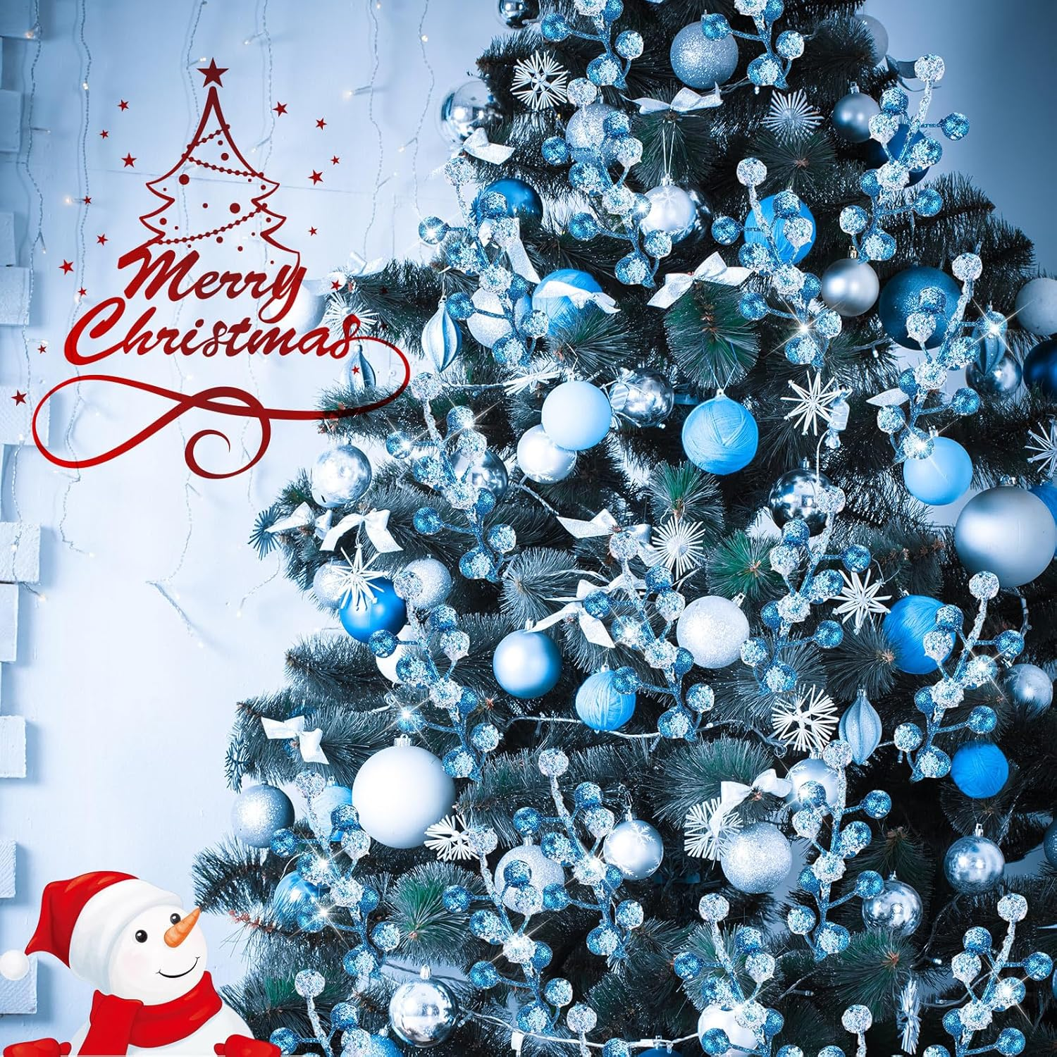 Geosar 30 Pieces Artificial Christmas Berry Picks with Snowflake Glitter Artificial Holly Berry Stems for Christmas Tree Ornaments Vases DIY Crafts Home Wedding Party Holiday Decor(Light Blue) - Black image number 3