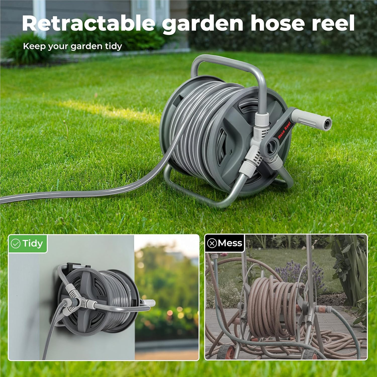 Traderight Portable Water Hose Reel Holder, 1/2'' X 20M, Wall Mount Garden Hose Reel, 2 Nozzle Modes, Self-Closing Water Pipe Valve, Handheld, Garden Watering Car Washing Pet Bathing, PP PVC Material