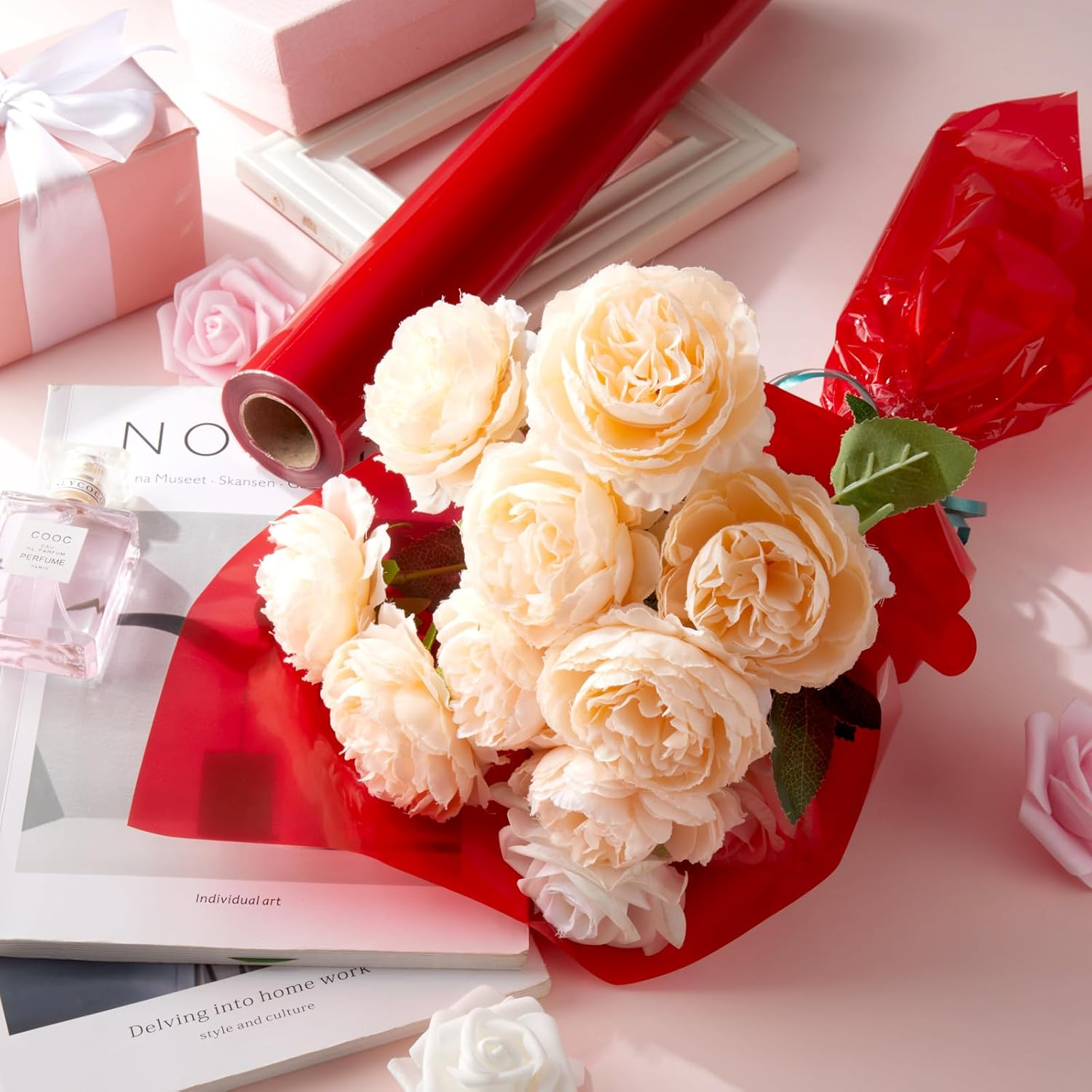 Tigeen Clear Cellophane Wrap Roll with 6 Rolls Ribbons, 16'' X 100 Ft 2.3 Mil Translucent Thick Cellophane Paper for Candy Baskets Packaging for Birthday Party Gifts(Red) image number 3