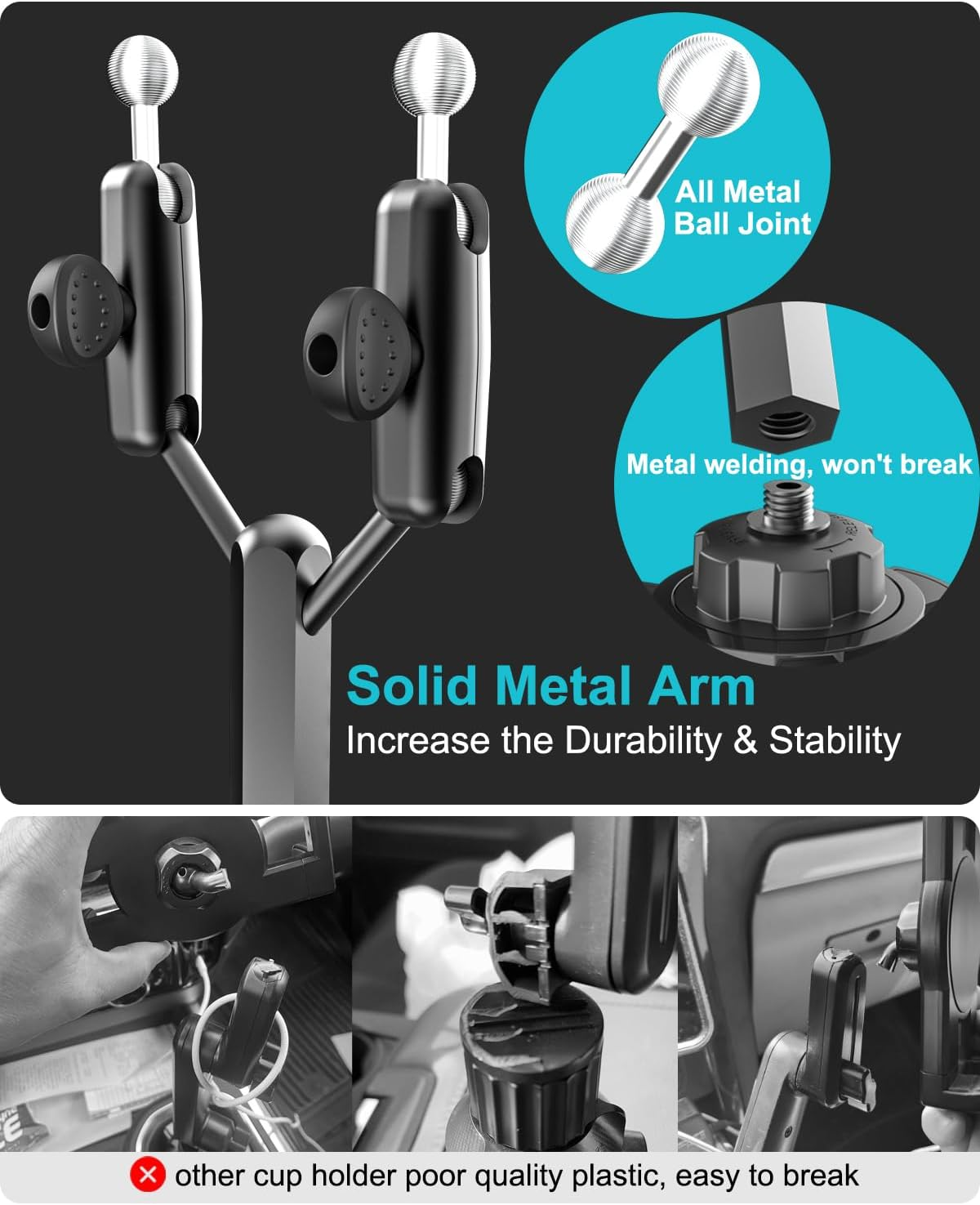 EXSHOW Car Cup Holder Tablet Mount, Heavy Duty Dual Tablet Holder for Truck, [Double Metal Arm] Adjustable Cupholder Compatible with Ipad Pro 13 12.9 Mini Air, ELD, Galaxy Tab, Iphone, 4-13" Device image number 5