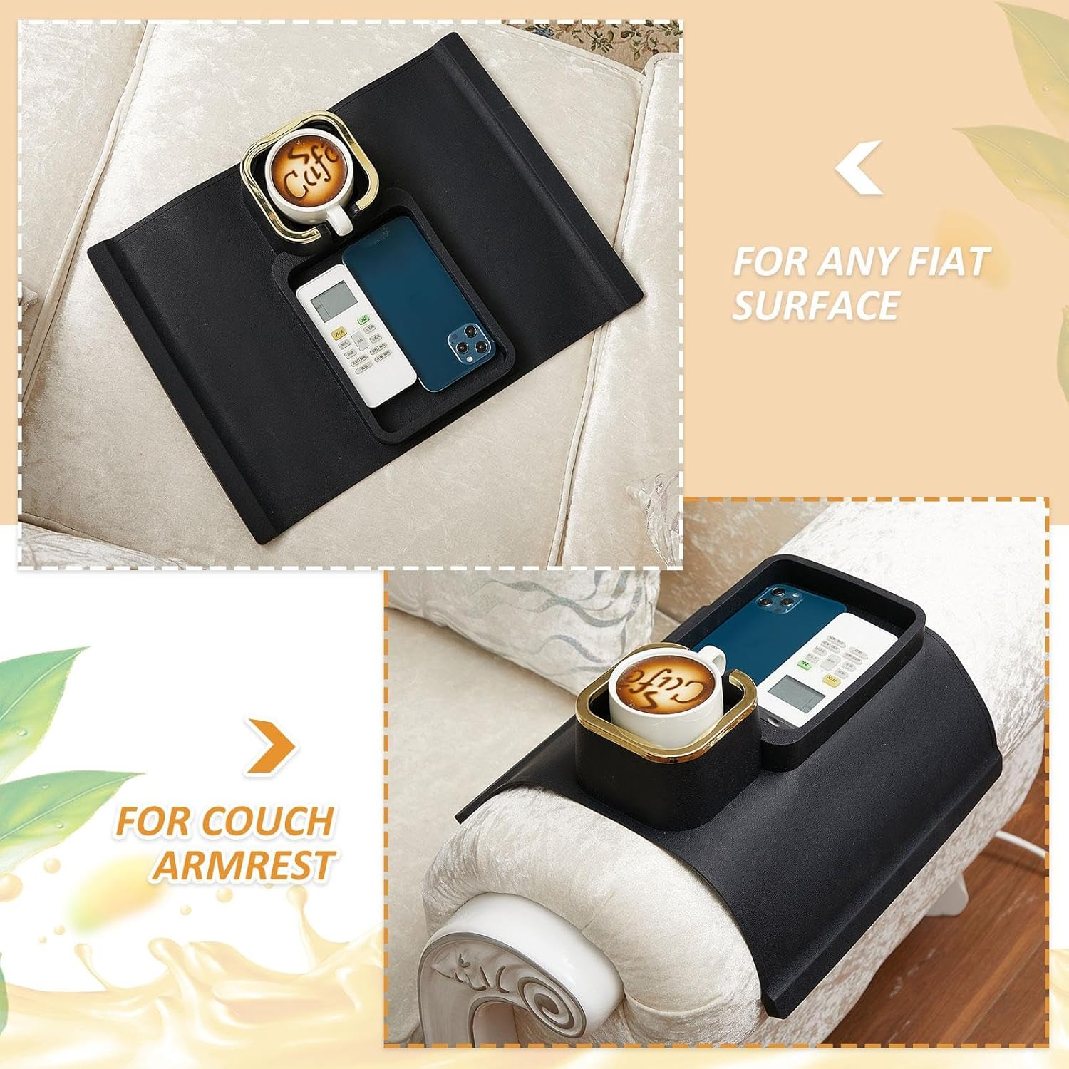 Tessco 2 Pack Couch Cup Holder anti Slip Recliner Table Tray Silicone Sofa Armrest Tray Weighted Couch Arm Table anti Spill Couch Drink Holder Cozy Couch Tray for Chair (Black,12.6 X 16.34 Inch) - Black image number 4