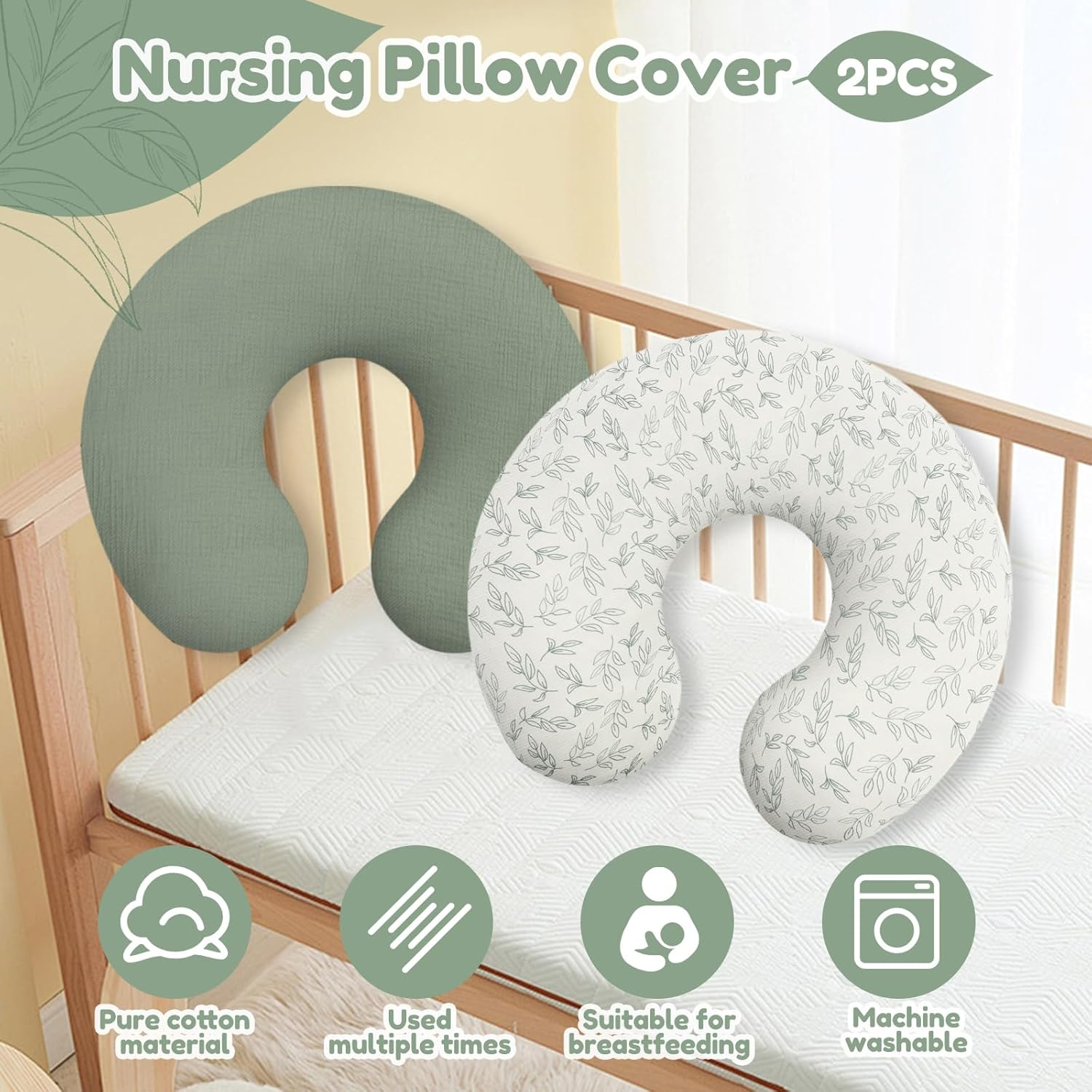 2 Pcs Nursing Pillow Cover, Nursing Pillow Slipcover Soft Cotton Newborn Breastfeeding Pillow Cover Stretchy Nursing Slipcover for Baby Girls Boys Newborn image number 1