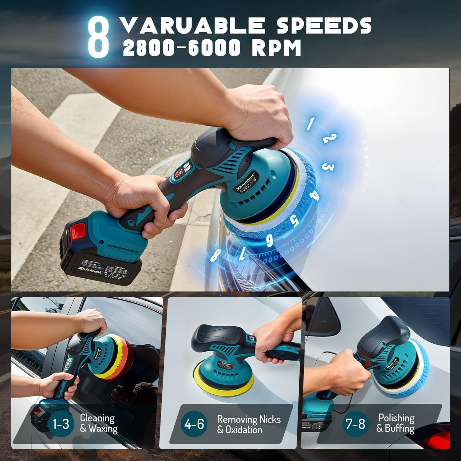 Cordless Car Buffer Polisher Machine Kit with 2PCS 21V 2.6Ah Rechargeable Batteries, 8 Variable Speed 2800-5500RPM, Portable Polishing Waxer for Detailing/Waxing