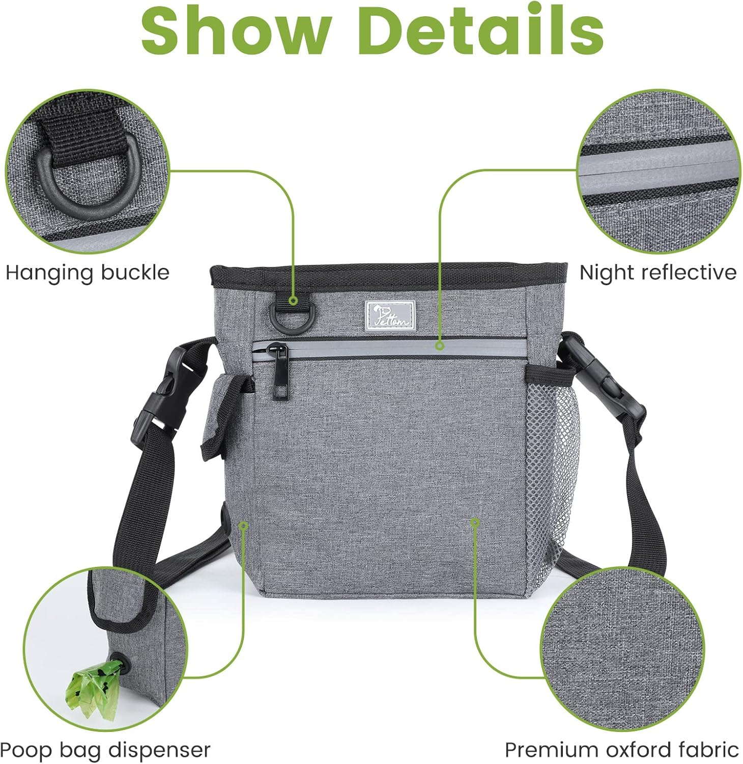 PETTOM Dog Treat Pouch Magnetic Closure, Large Dog Treat Bags for Walking with Removable Liner, Hands-Free Snack Bag for Dogs, Built-In Poop Bag Dispenser (Gray) image number 1
