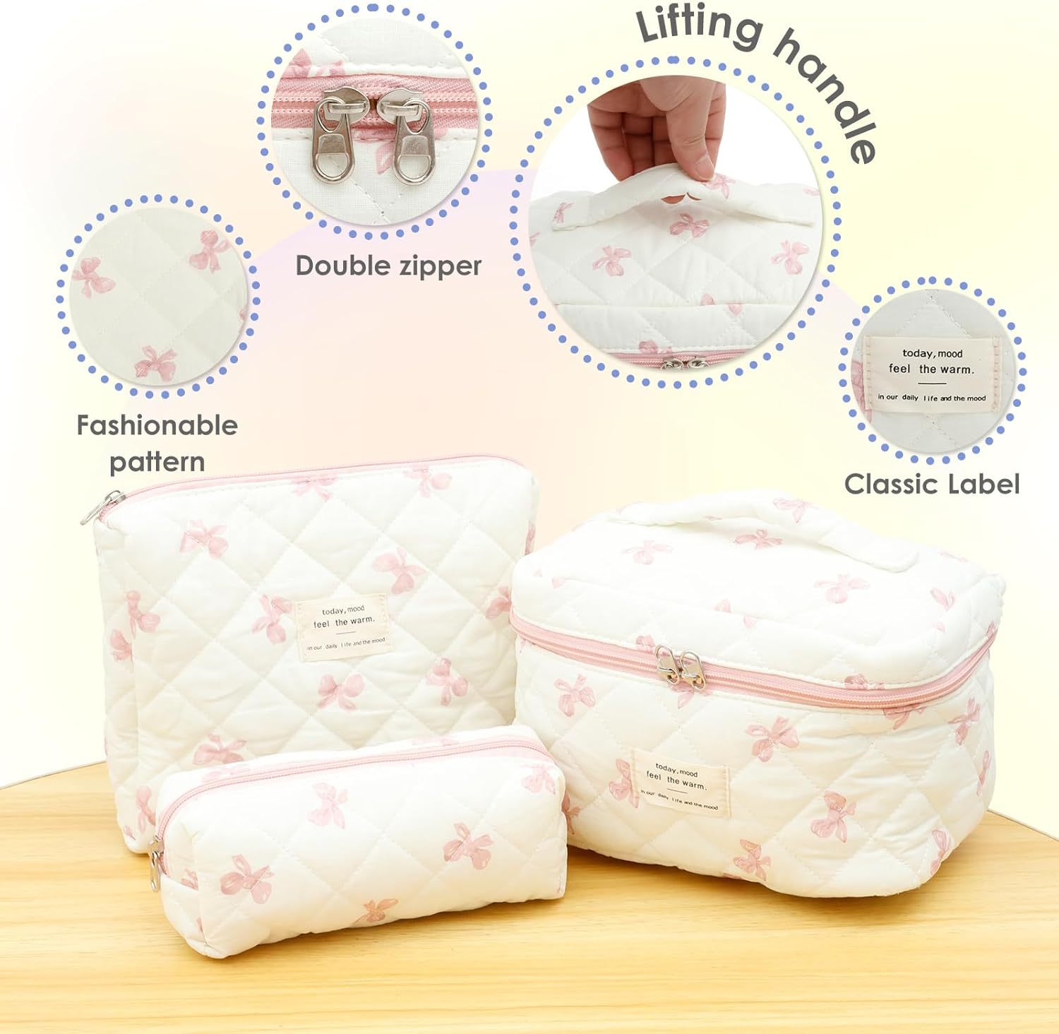 DJAPWPX 3 Pcs Makeup Bag, Cotton Quilted Cosmetic Bag, Cute Travel Makeup Pouch, Multifunctional Cosmetic Pouch Set for Women Girls Ladies (Pink) - Pink image number 6