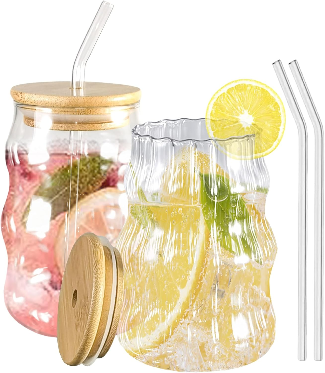 2 Pcs Ribbed Glass Cup Set 18 Oz Wave Shape Design Bubble Cups Vintage Drinking Glassware for Iced Coffee Milk Juice Cocktails Beverage