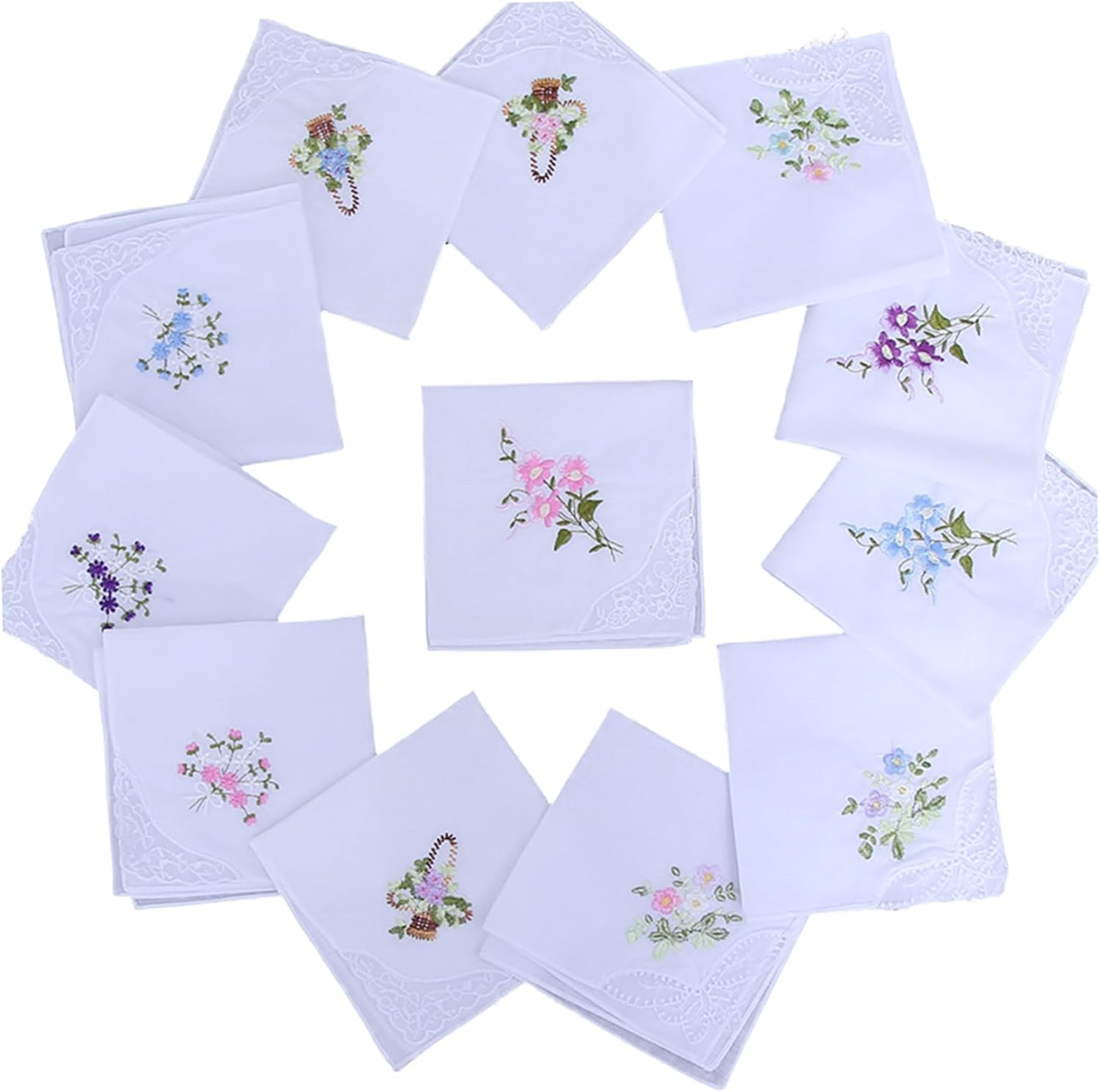 Handkerchiefs for Women 12PCS Pocket Square 11X11Inch Cotton Flower Embroidered Handkerchief with Lace White Hankies for Women Tea Favors, Random Type image number 1