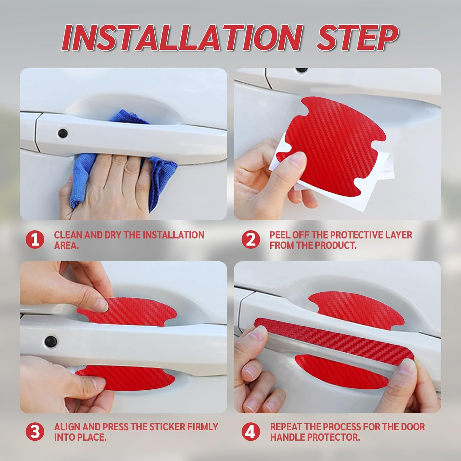 8PCS Carbon Fiber Car Door Handle Scratch Protectors, Universal Paint Guard Sticker for Door Handle Bowl, Fits Most Cars, Trucks, Suvs (Red) image number 3