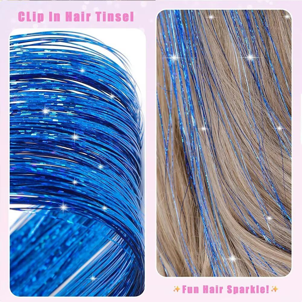 Hair Tinsel Blue 1200 Strands 48 Inches Sparkling Tinsel Hair Extensions, Fairy Hair Tinsel for Birthday Halloween Christmas New Year Party image number 5